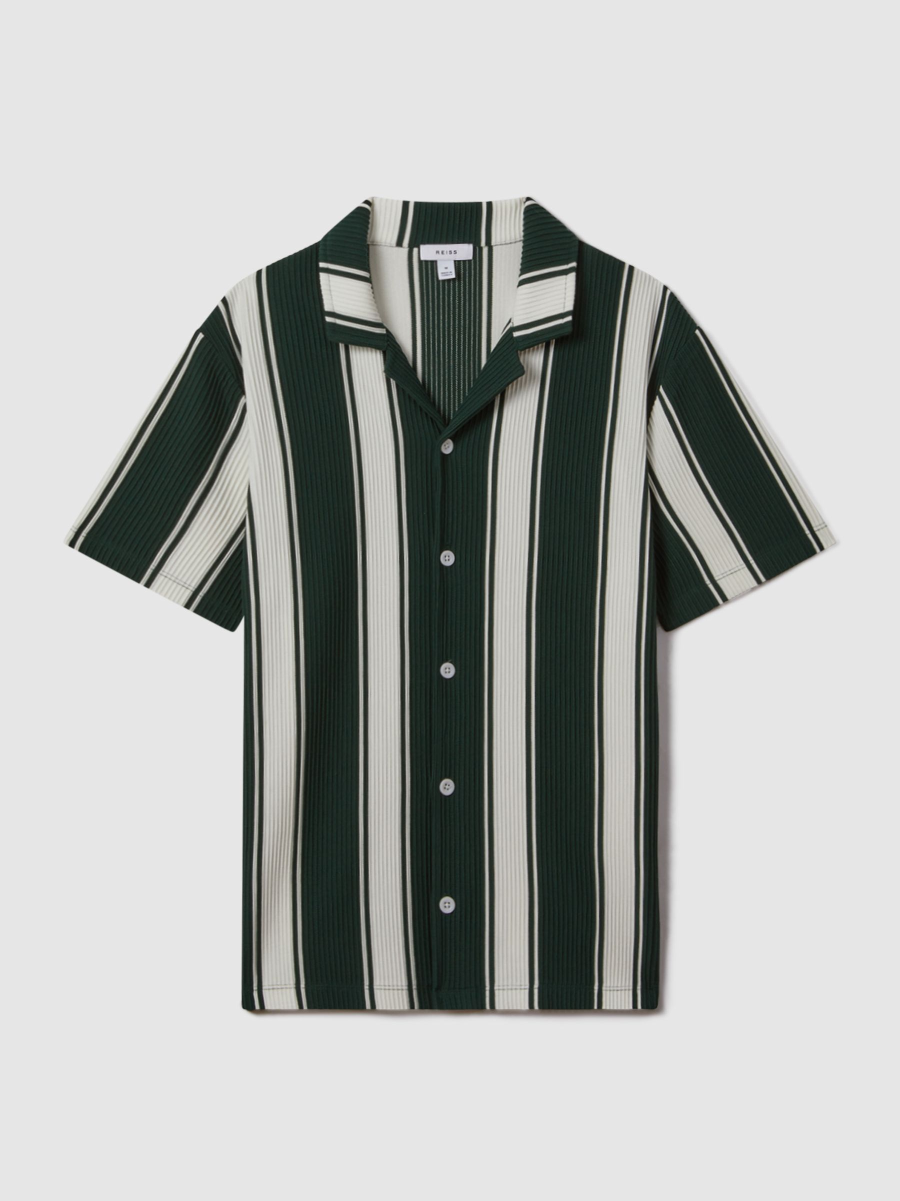 Slim Fit Ribbed Cuban Collar Shirt in Green/White - Image 2 of 6