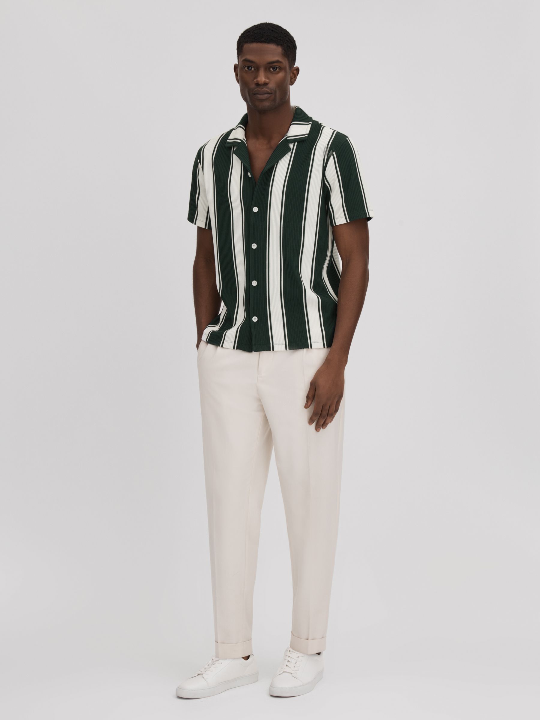Slim Fit Ribbed Cuban Collar Shirt in Green/White - Image 3 of 6