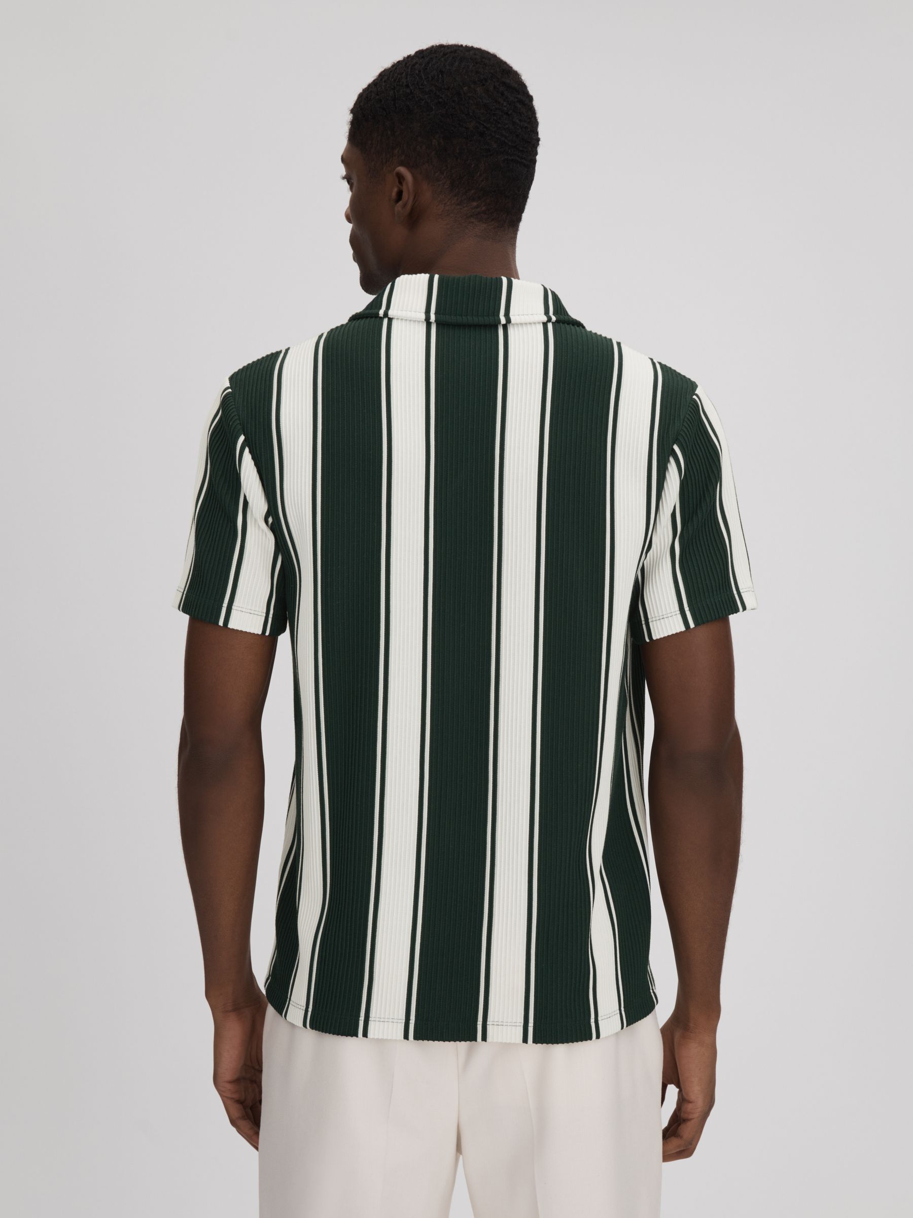 Slim Fit Ribbed Cuban Collar Shirt in Green/White - Image 5 of 6