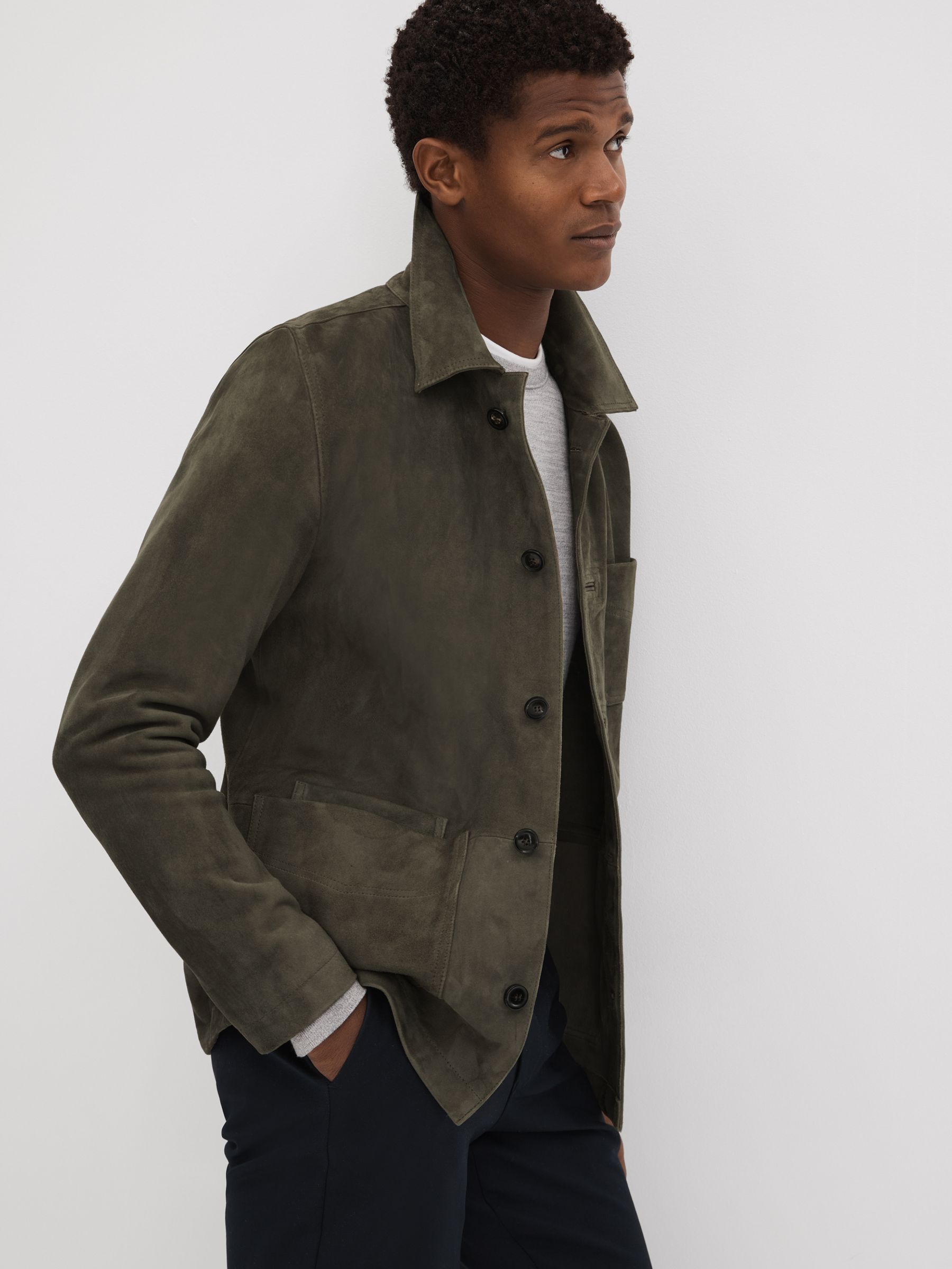 Suede Button-Through Jacket in Moss Green - Image 1 of 7