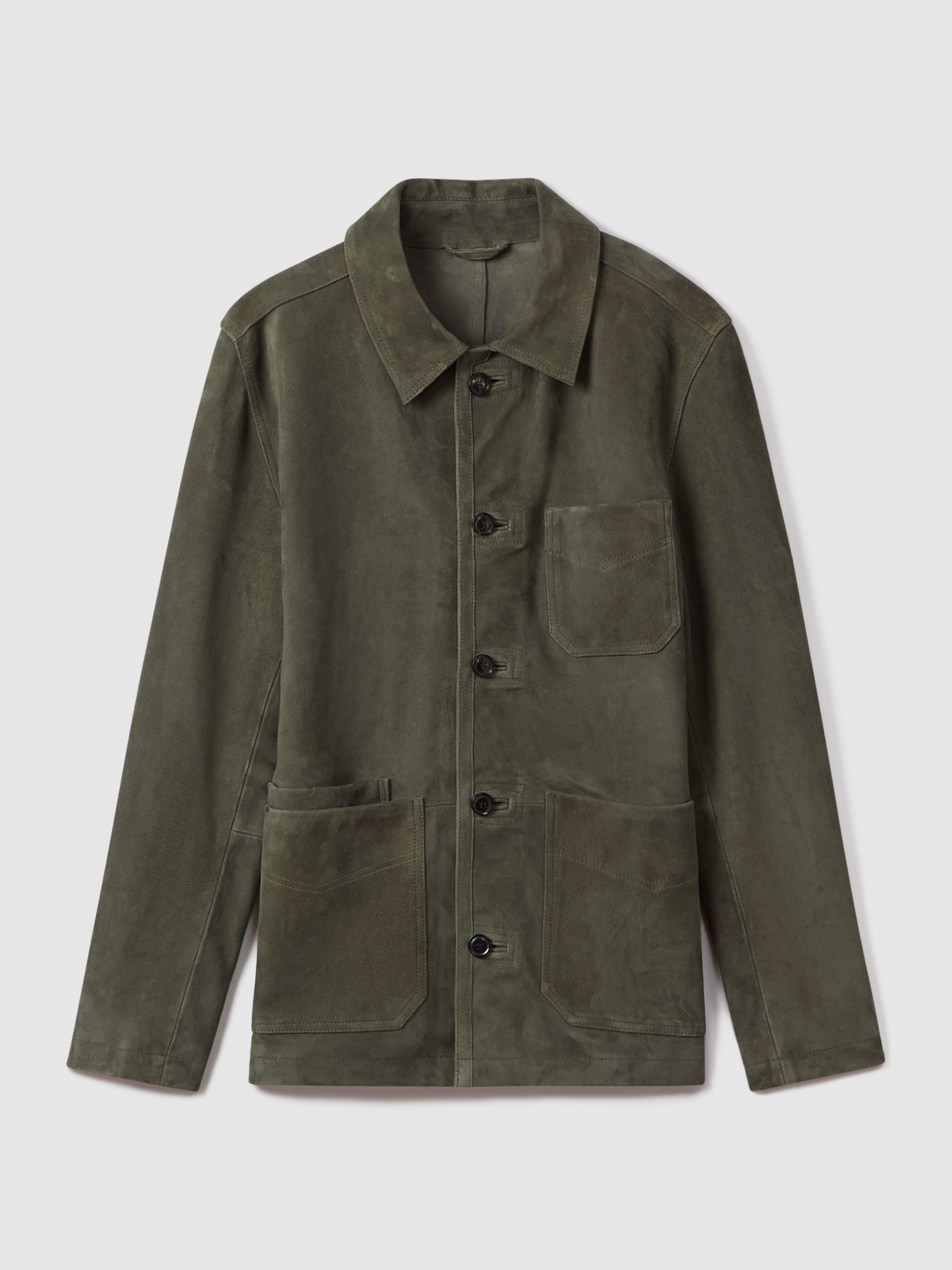 Suede Button-Through Jacket in Moss Green - Image 2 of 7