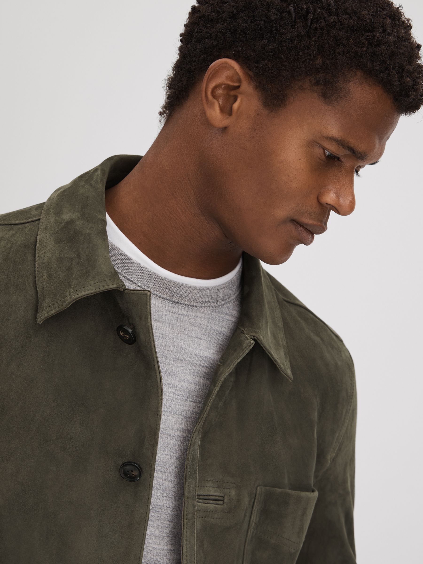 Suede Button-Through Jacket in Moss Green - Image 5 of 7