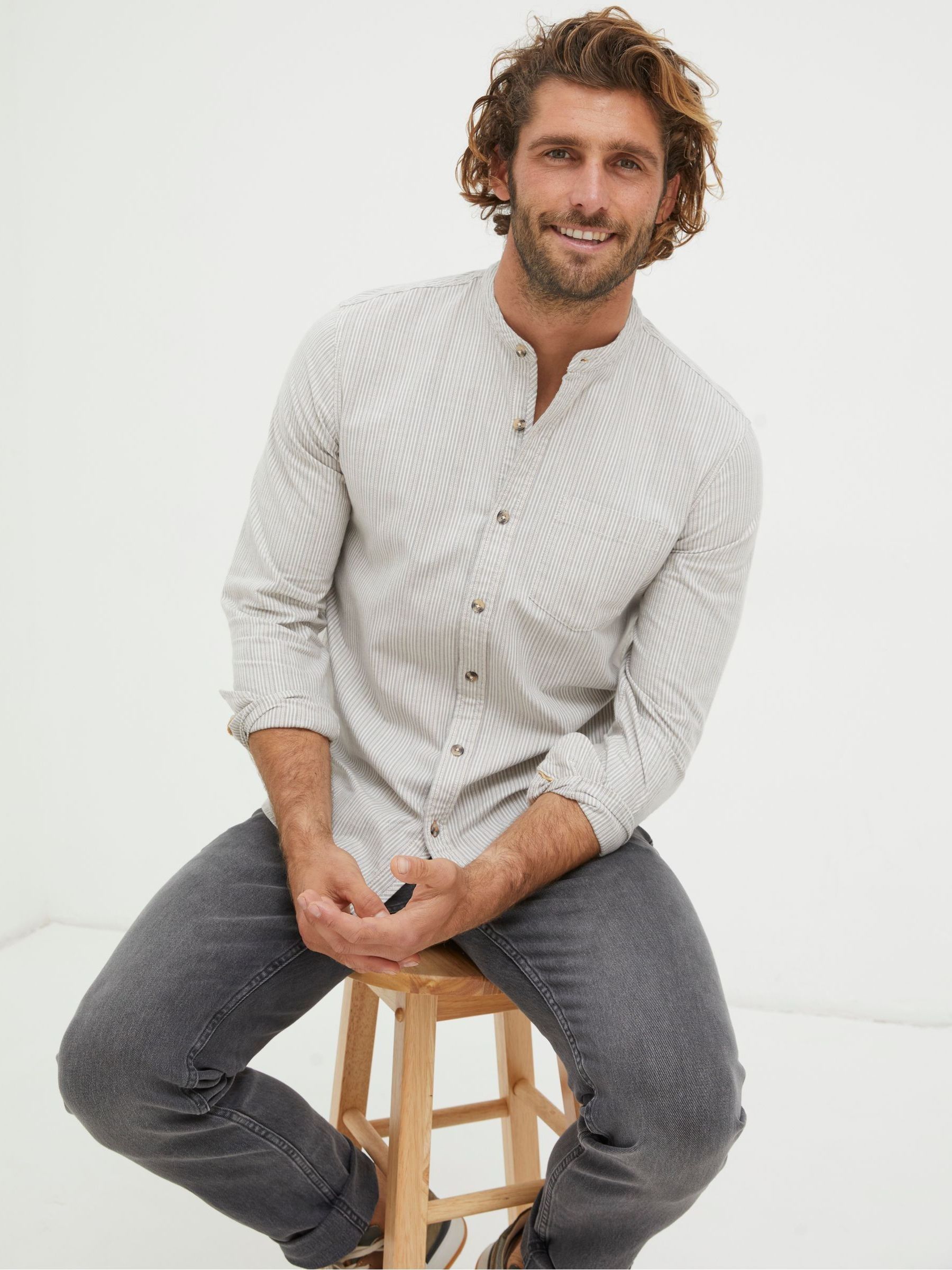 Natural Stripe Grandad Shirt - Image 1 of 5 Natural Stripe Grandad Shirt - Image 1 of 5