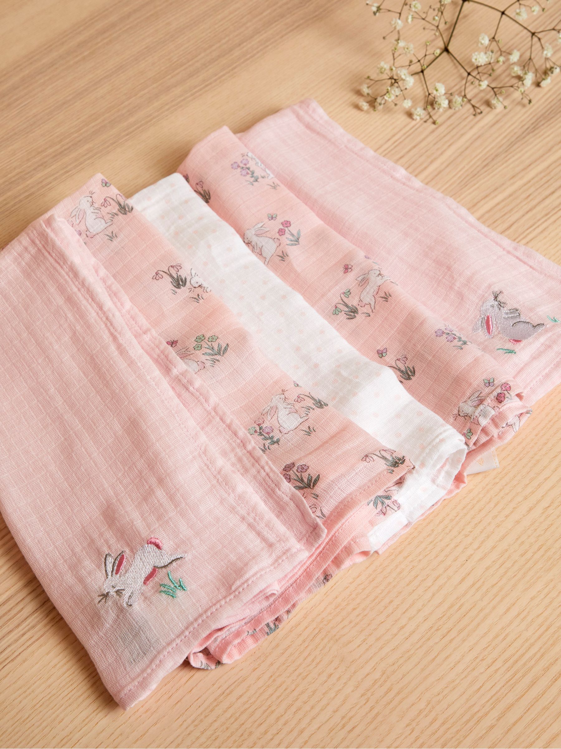 Pink Bunny 5-Pack Embroidered Muslin Squares - Image 1 of 3