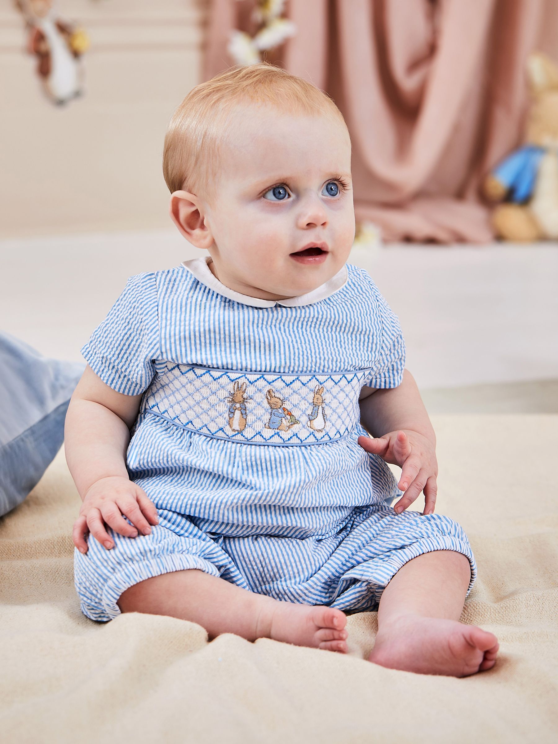 Peter Rabbit Embroidered Smocked Romper in Blue - Image 1 of 4
