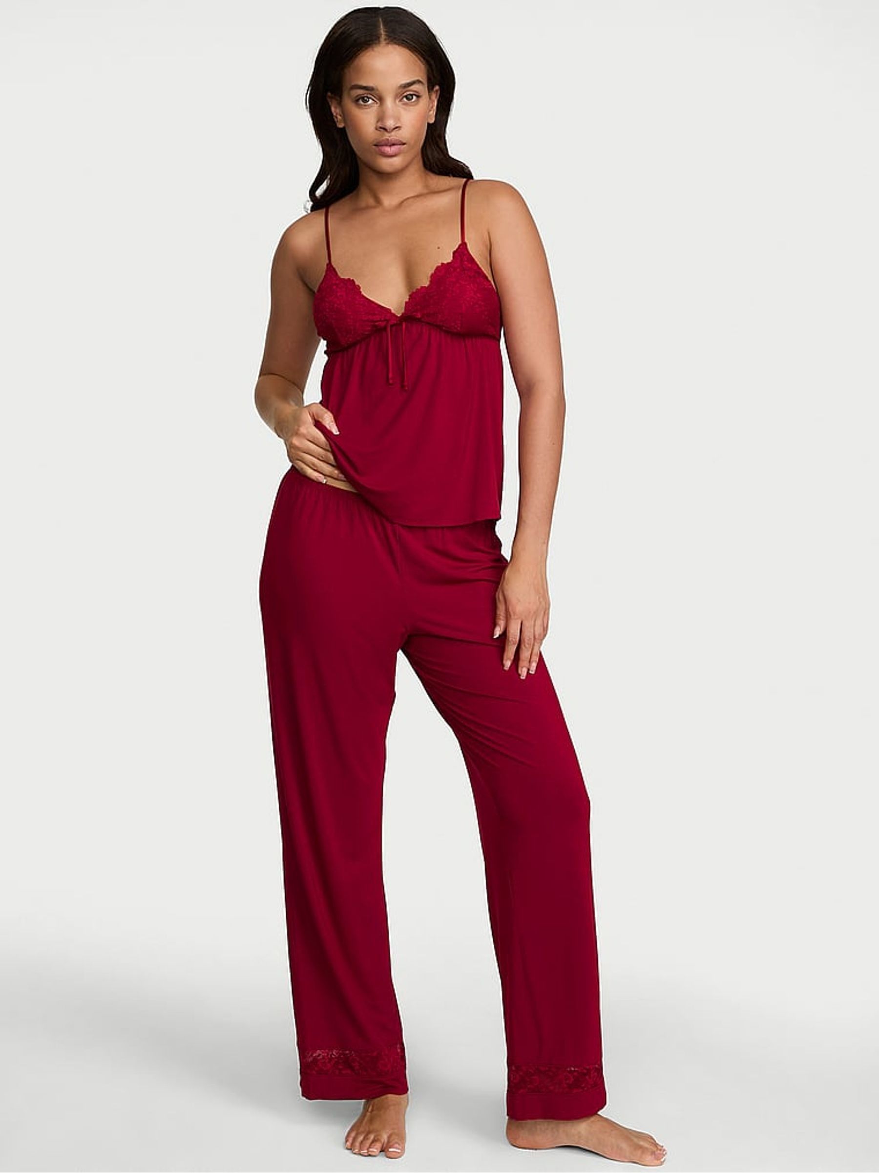 Red Lacquer Lace Trim Modal Cami & Trousers Set - Image 2 of 3