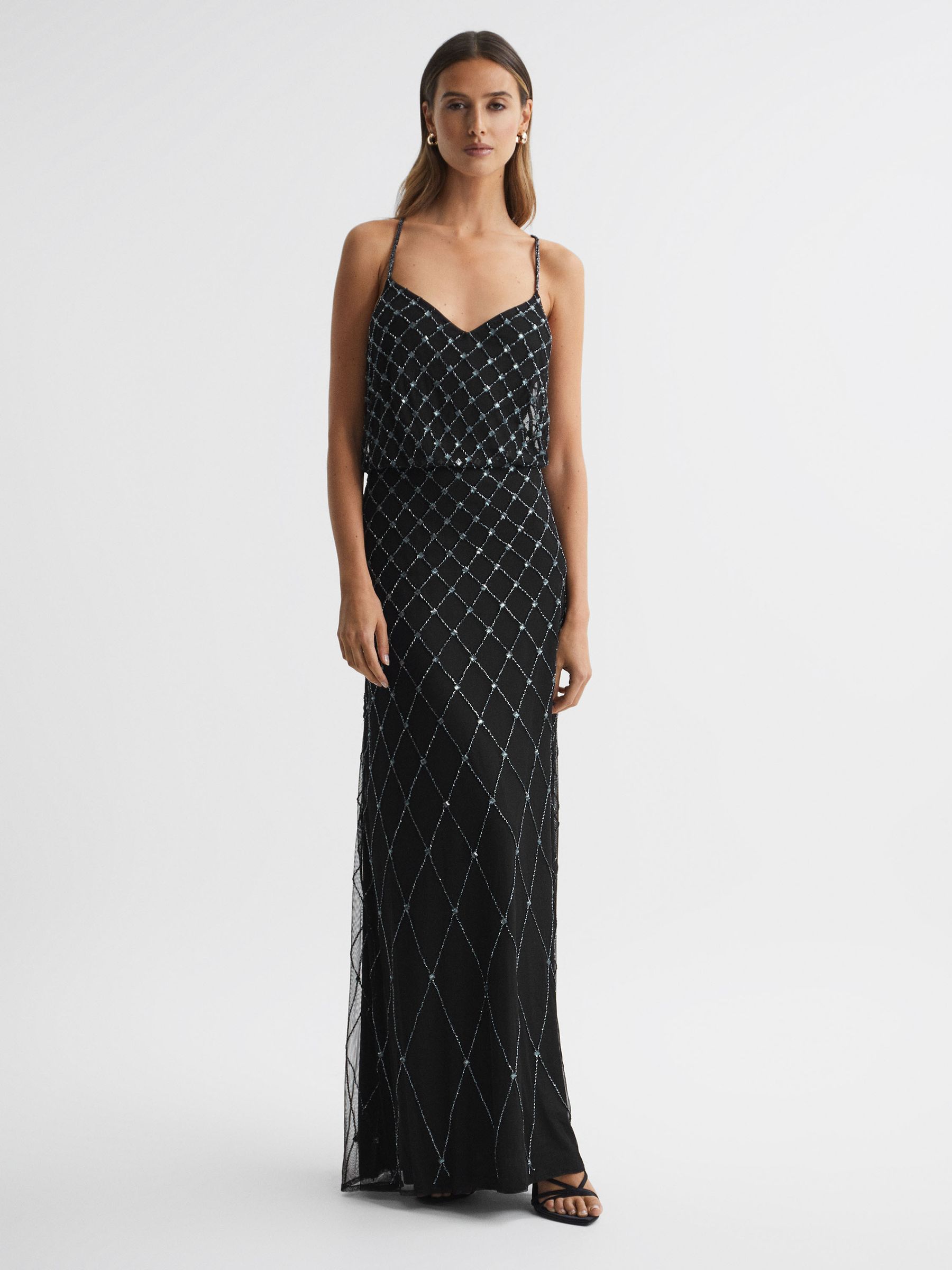 Raishma Embellished Cross-Strap Maxi Dress in Black/Gunmetal - Image 1 of 6