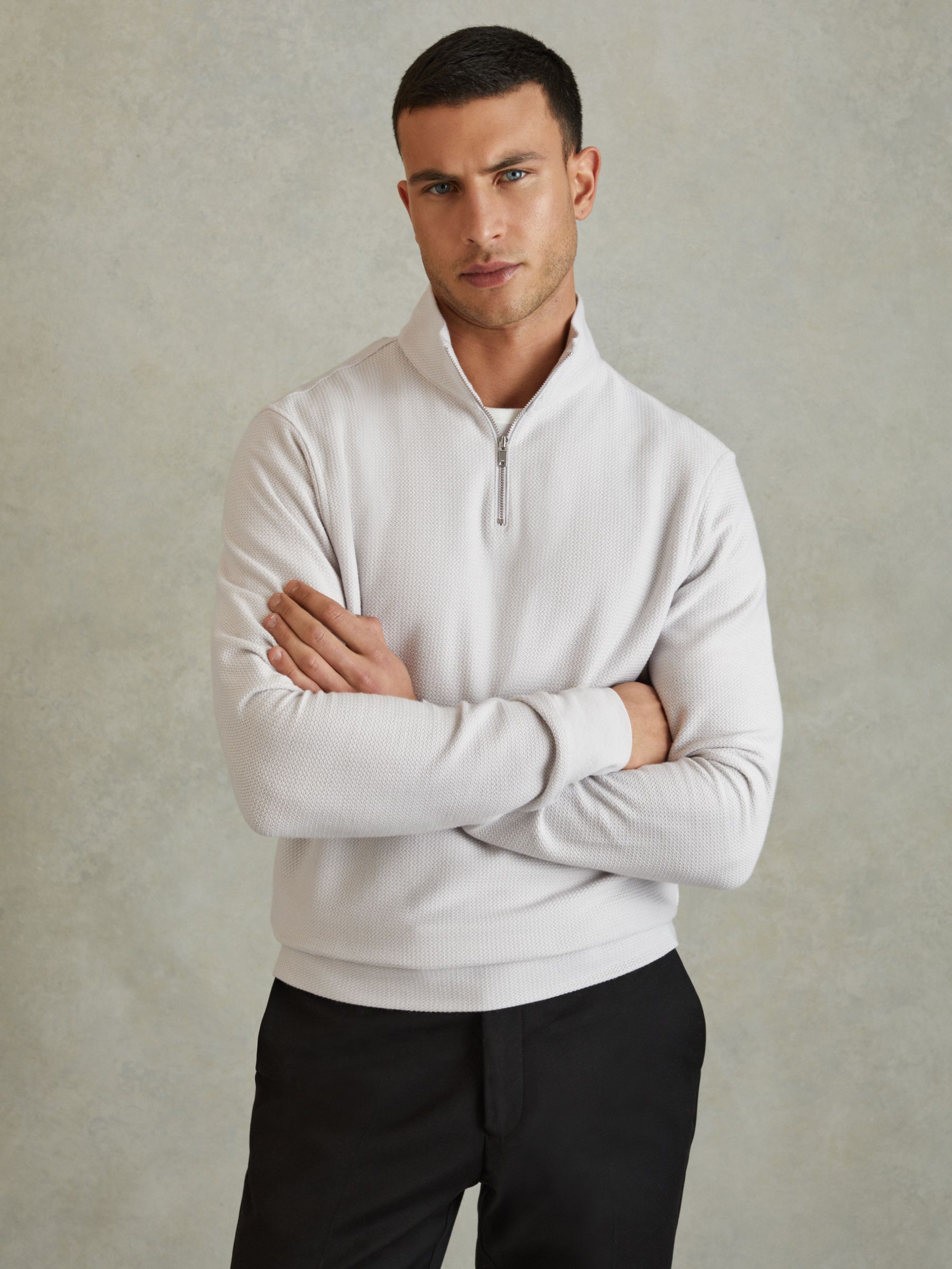 Textured Cotton Half-Zip Funnel Neck Top in Silver - Image 1 of 6