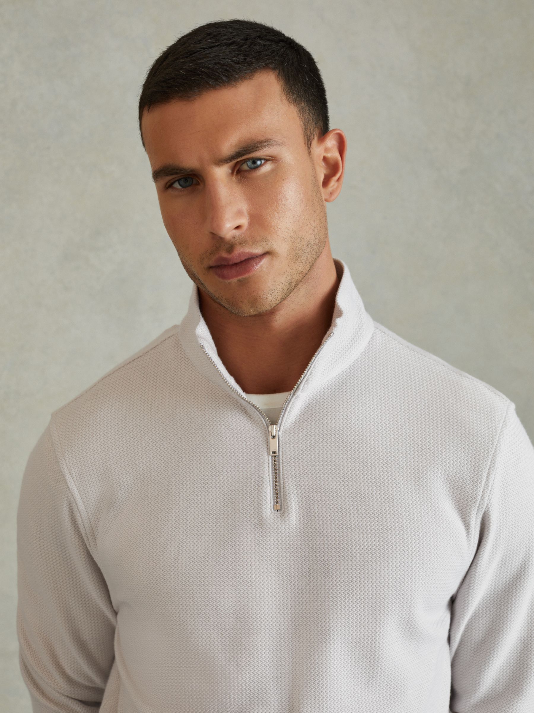 Textured Cotton Half-Zip Funnel Neck Top in Silver - Image 4 of 6