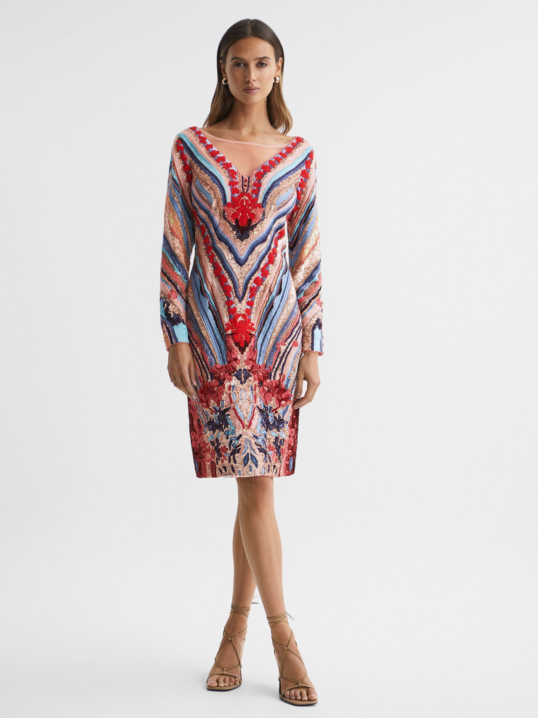 Raishma Embellished Textured Mini Dress in Pink Multi - Image 1 of 6