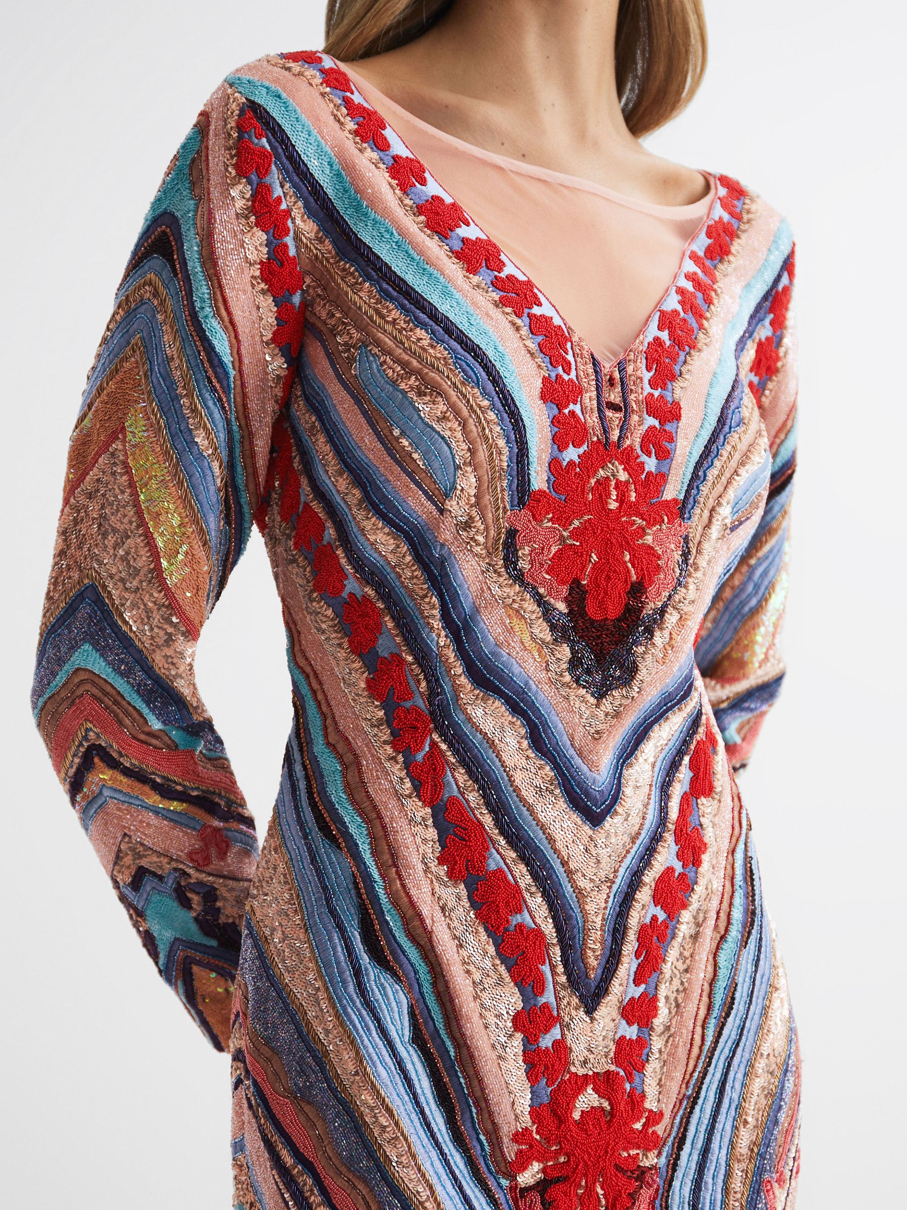 Raishma Embellished Textured Mini Dress in Pink Multi - Image 3 of 6