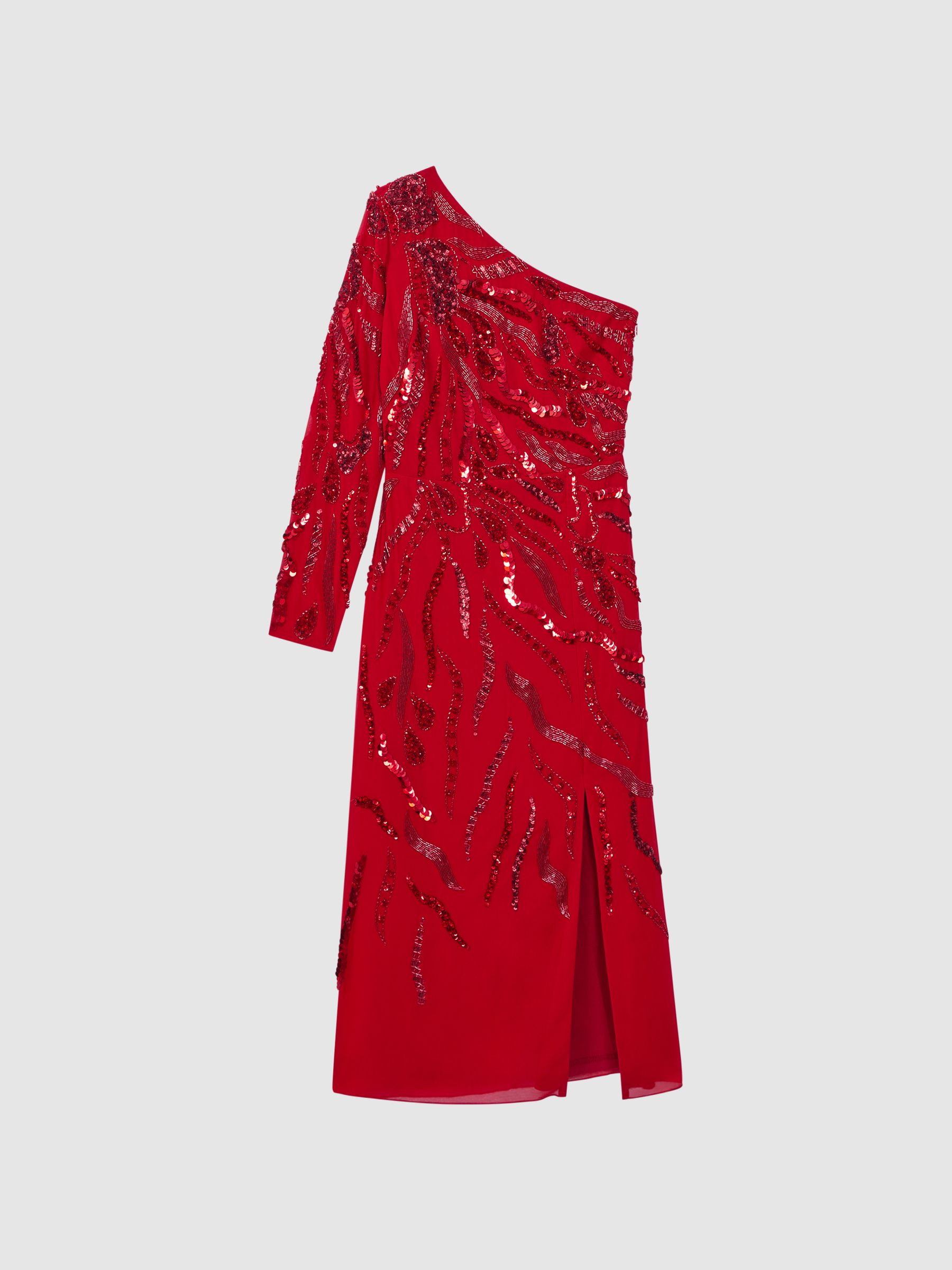 Raishma Embellished One-Shoulder Midi Dress in Bright Red - Image 2 of 5