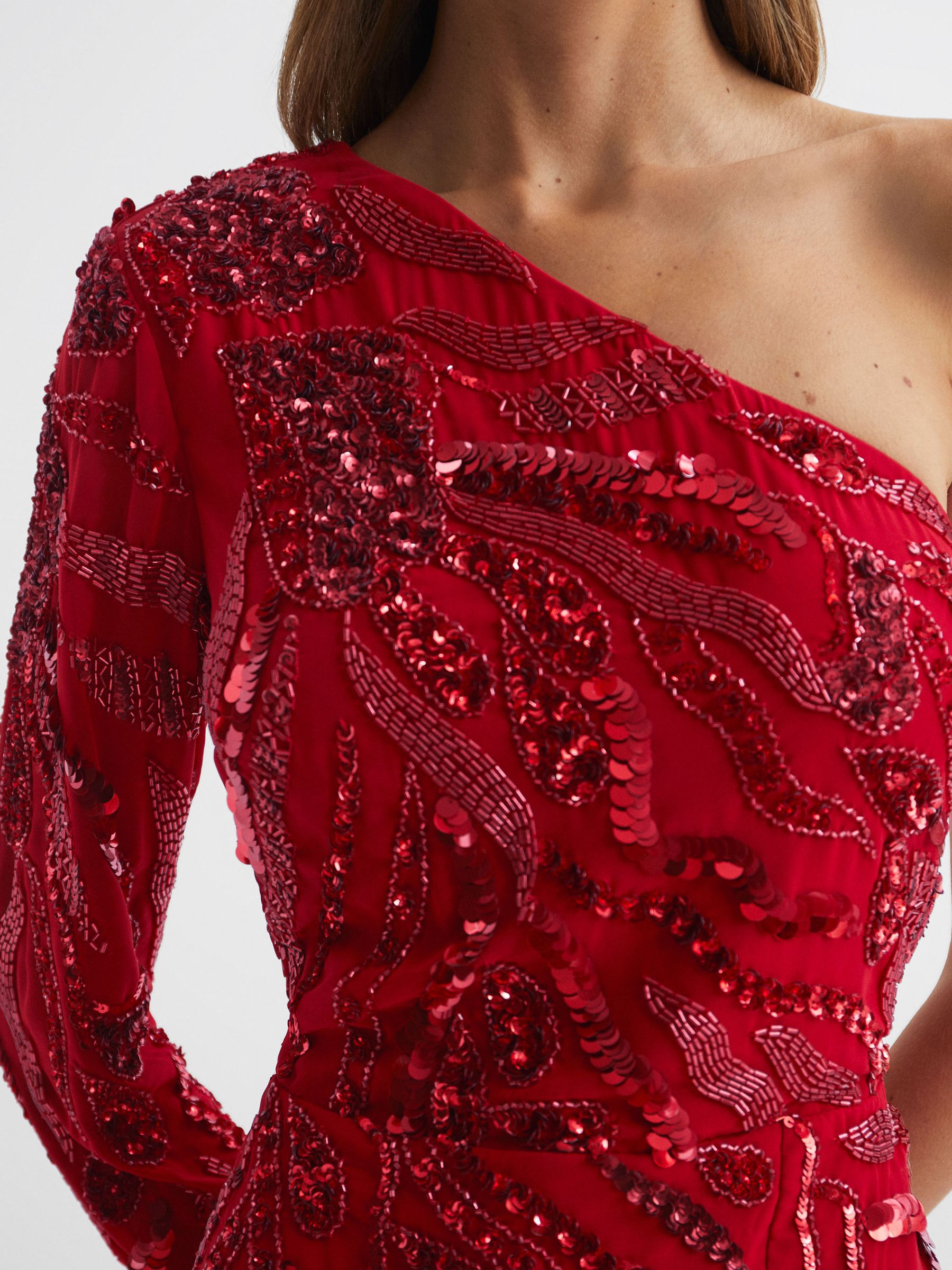 Raishma Embellished One-Shoulder Midi Dress in Bright Red - Image 3 of 5