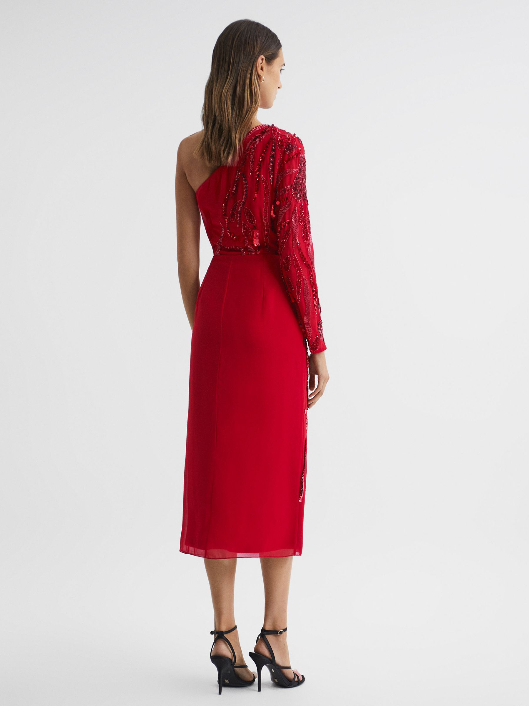 Raishma Embellished One-Shoulder Midi Dress in Bright Red - Image 4 of 5