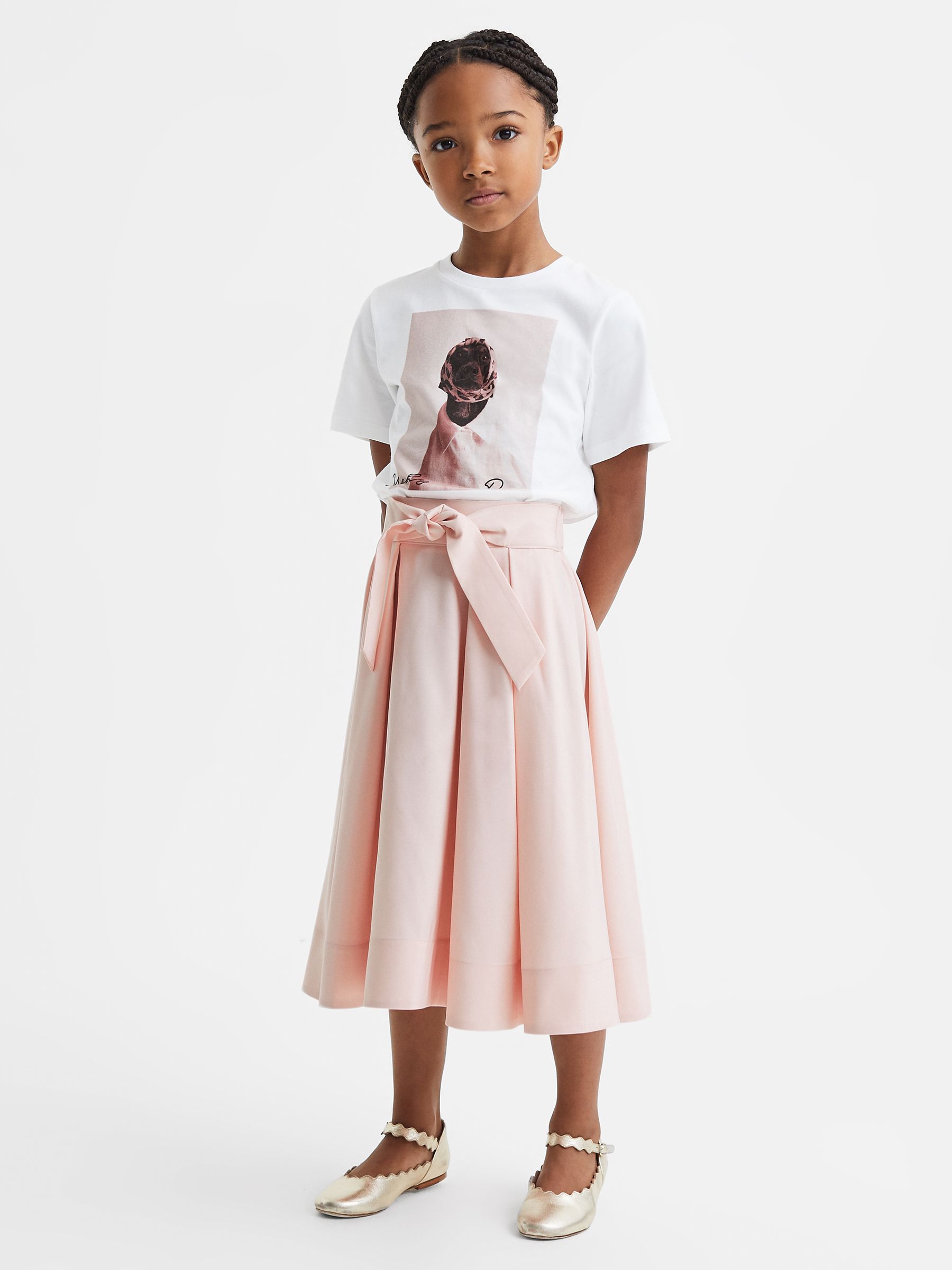 Teen Pleated Belted Taffeta Midi Skirt in Pink - Image 1 of 6