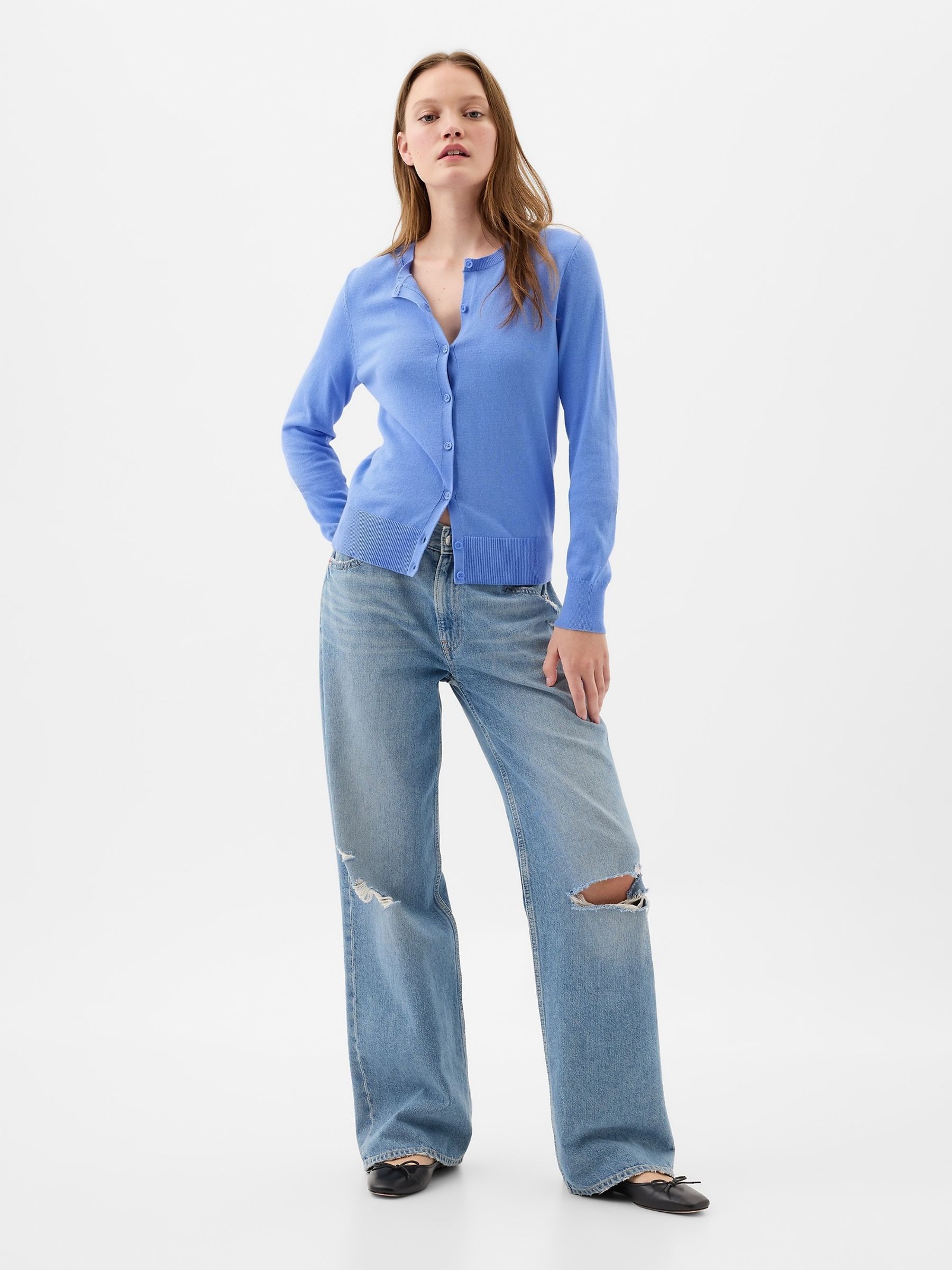 Blue Cotton Crew Neck Cardigan - Image 1 of 1
