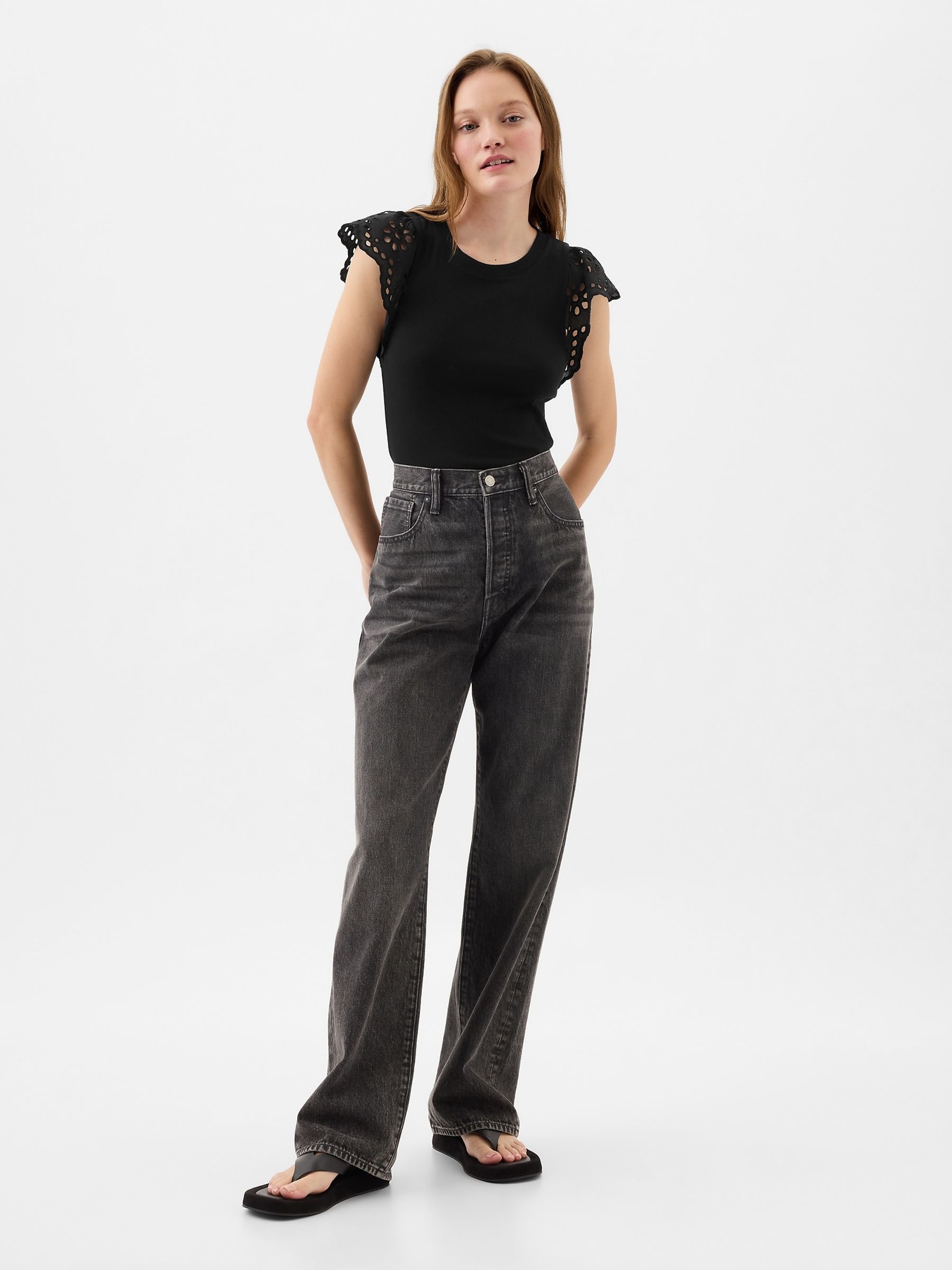 Black Soft Knit Eyelet Flutter Sleeve Top - Image 1 of 5