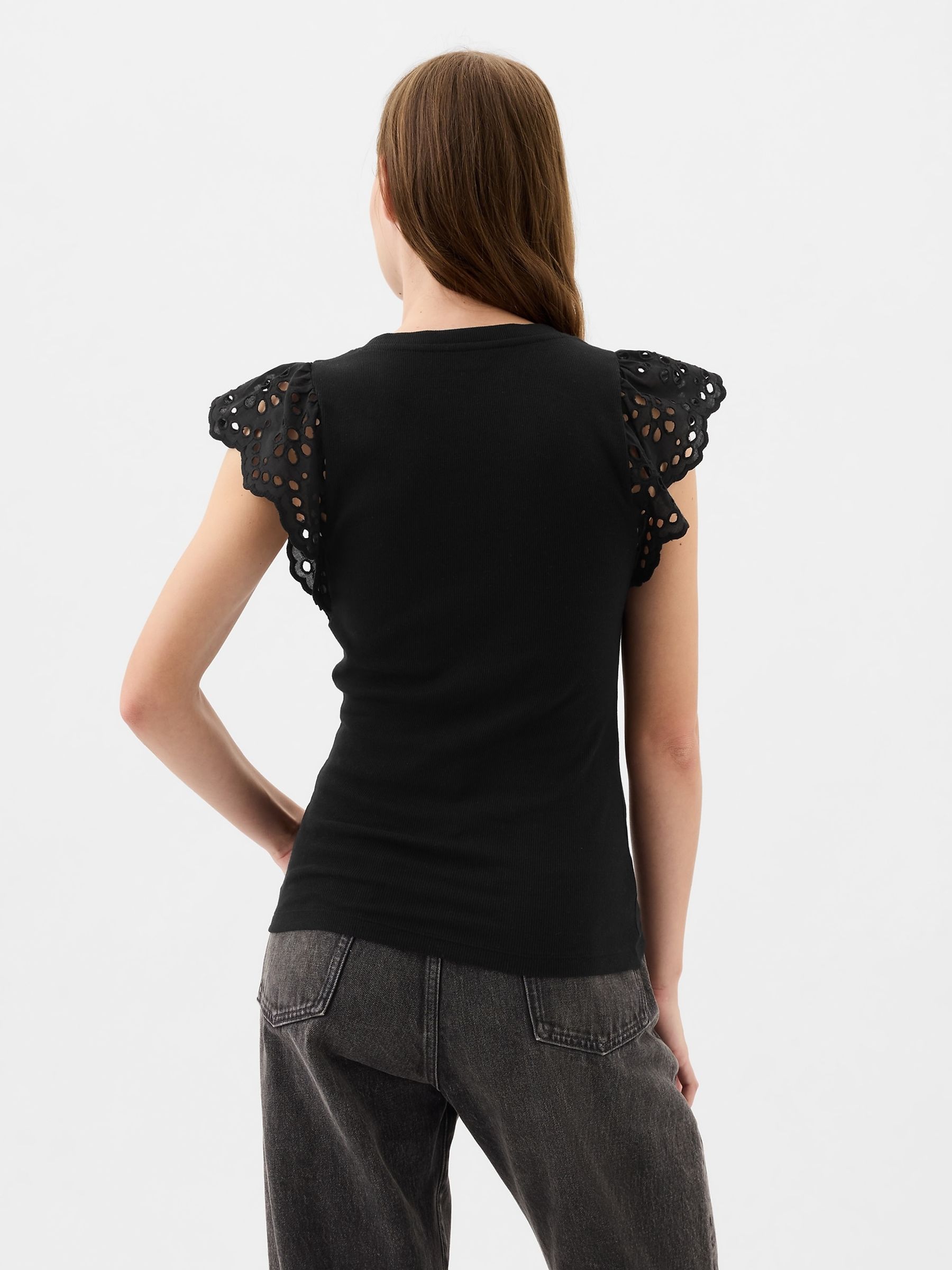 Black Soft Knit Eyelet Flutter Sleeve Top - Image 2 of 5