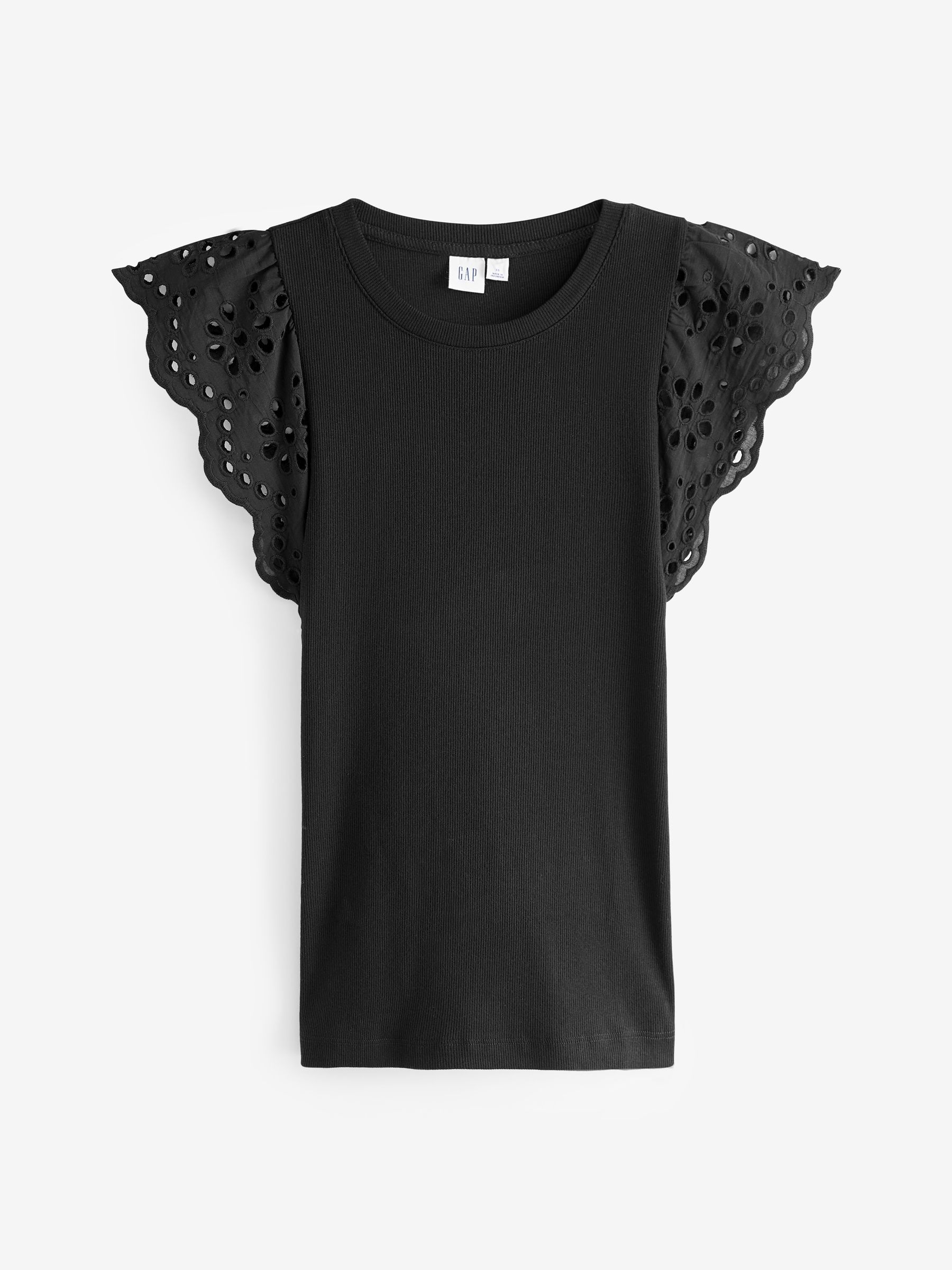 Black Soft Knit Eyelet Flutter Sleeve Top - Image 3 of 5