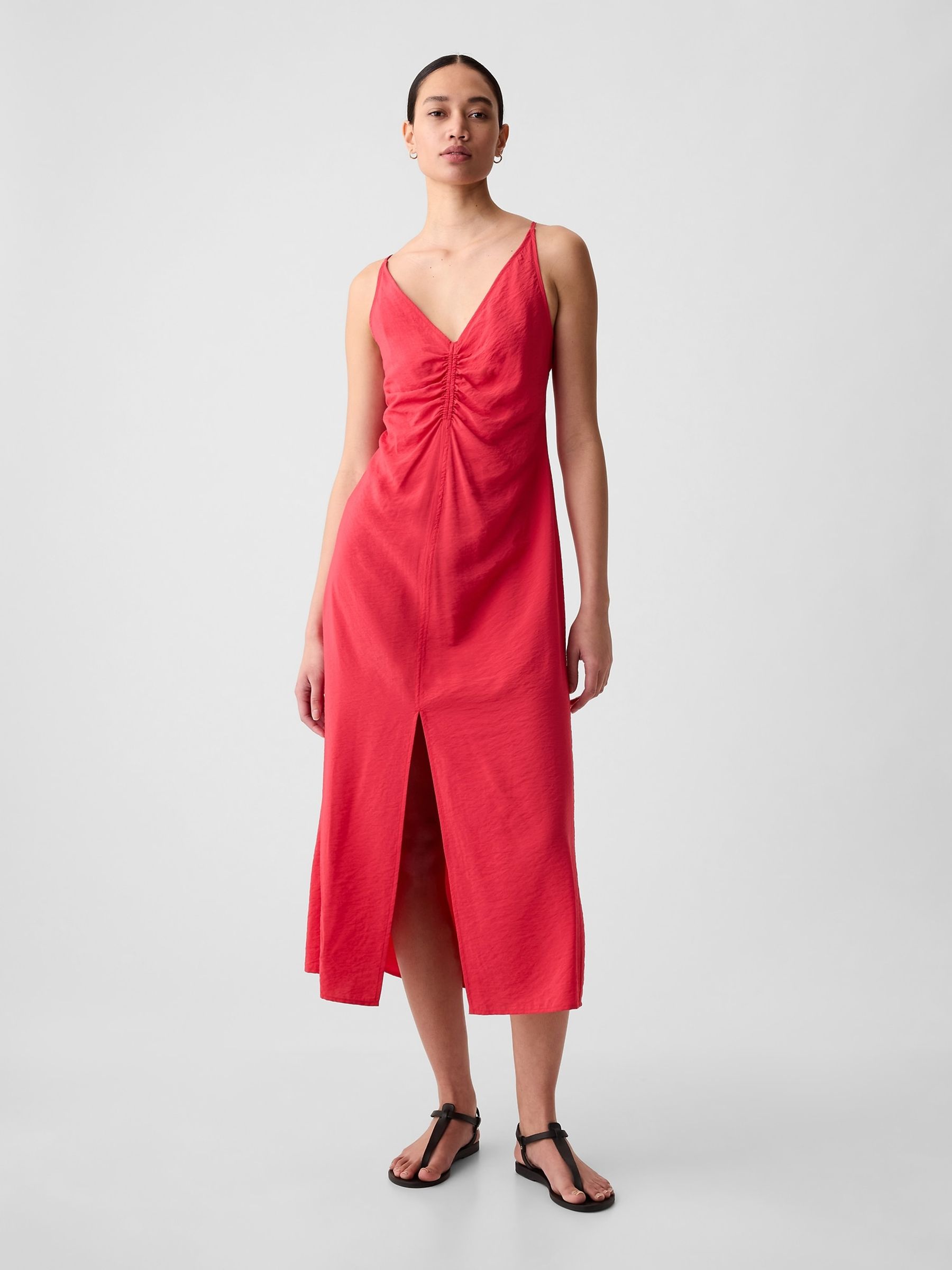 Red Ruched Slip Midi Dress - Image 1 of 3