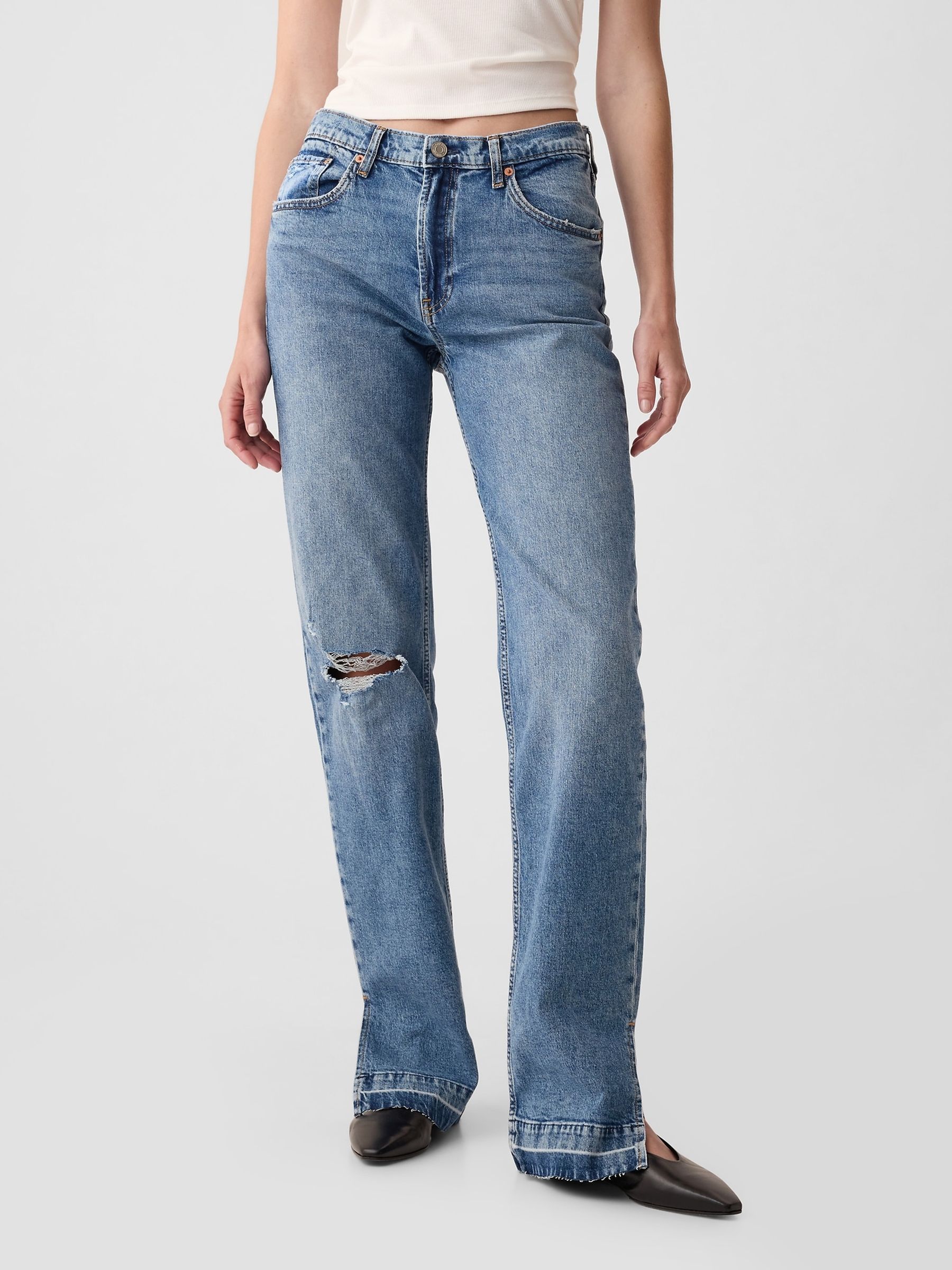 Mid Blue 90s Loose Split Hem Mid Rise Jeans - Image 1 of 5