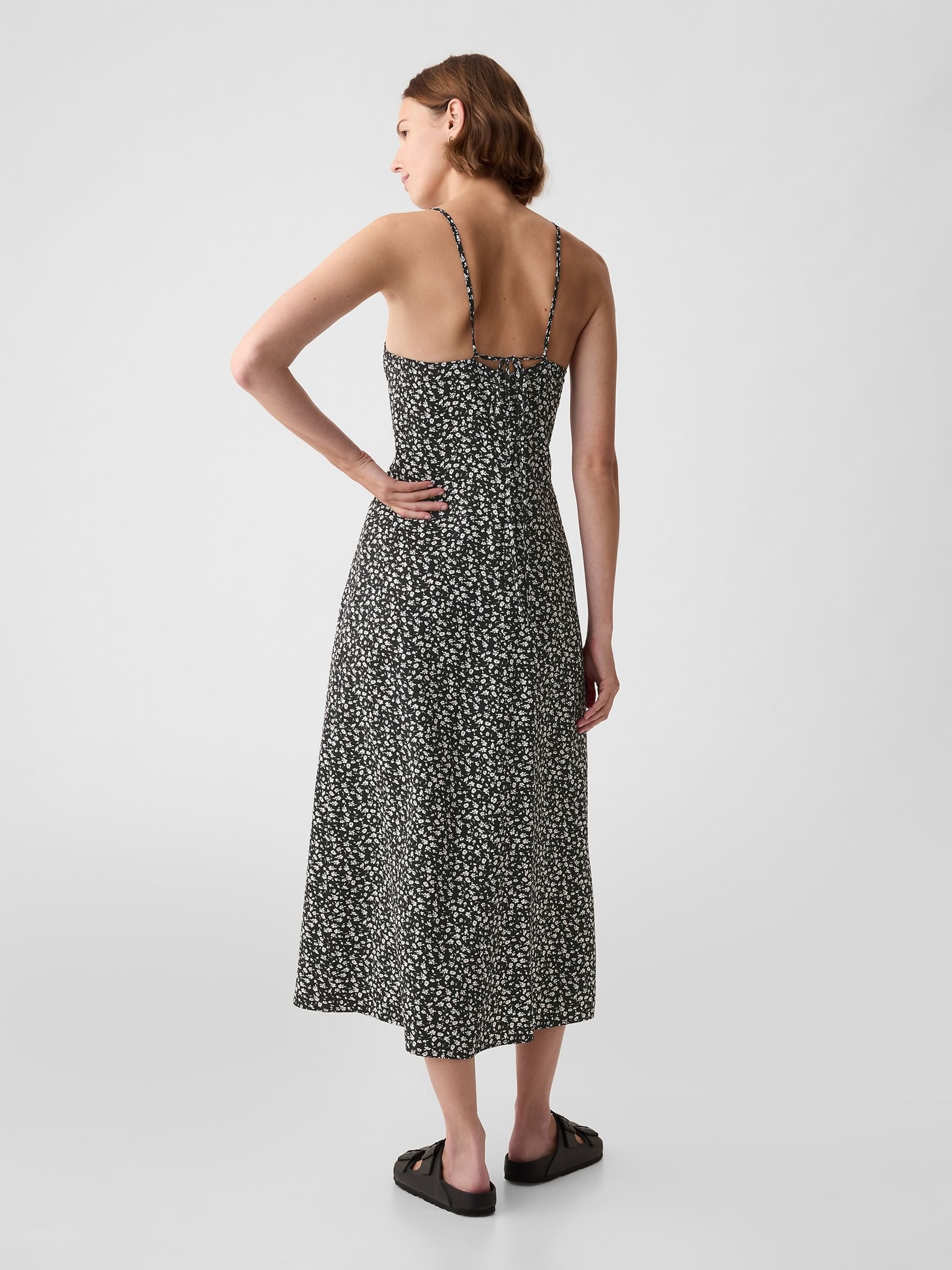 Black/White Floral Ruched Slip Midi Dress - Image 2 of 4