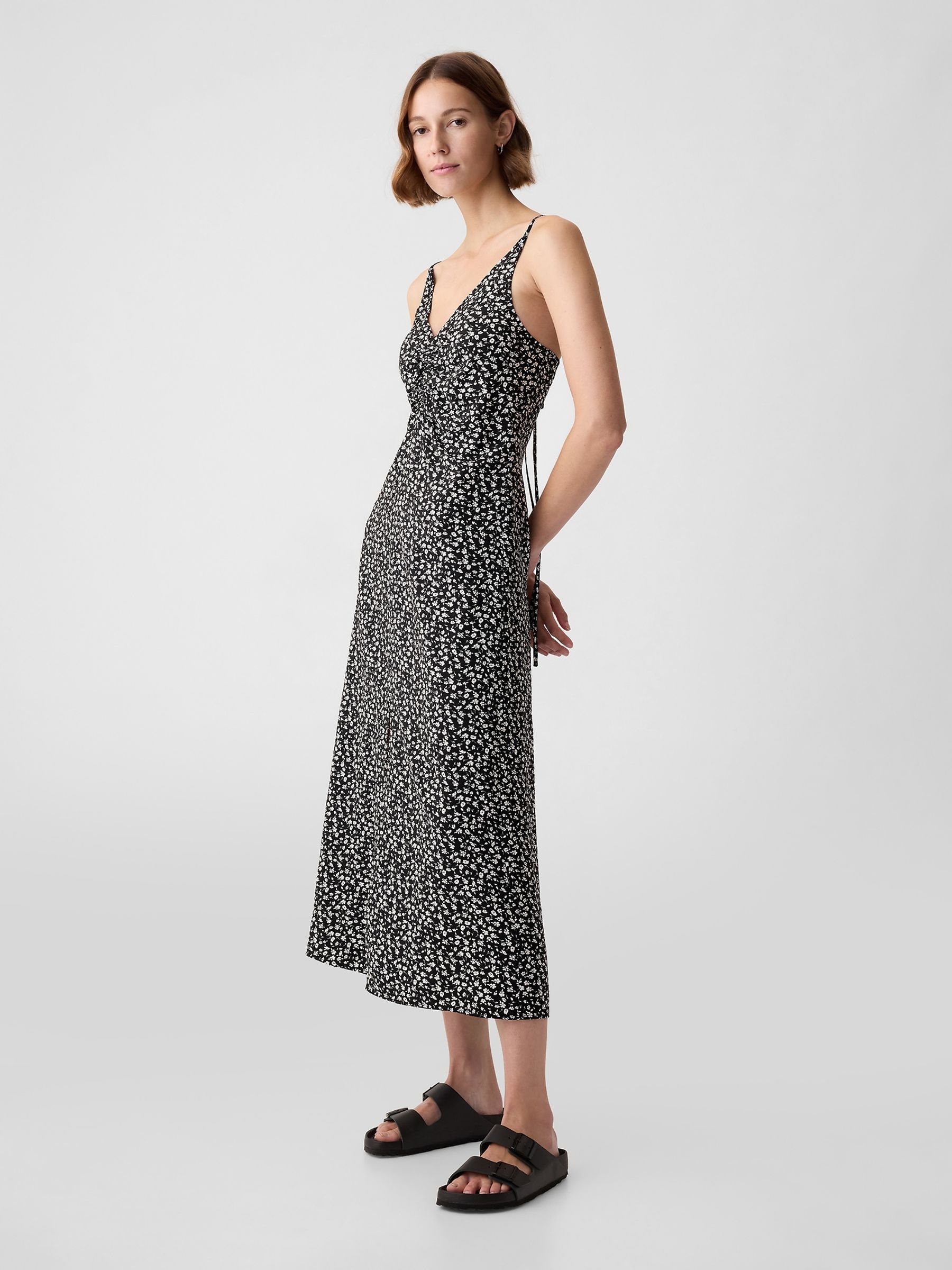 Black/White Floral Ruched Slip Midi Dress - Image 3 of 4