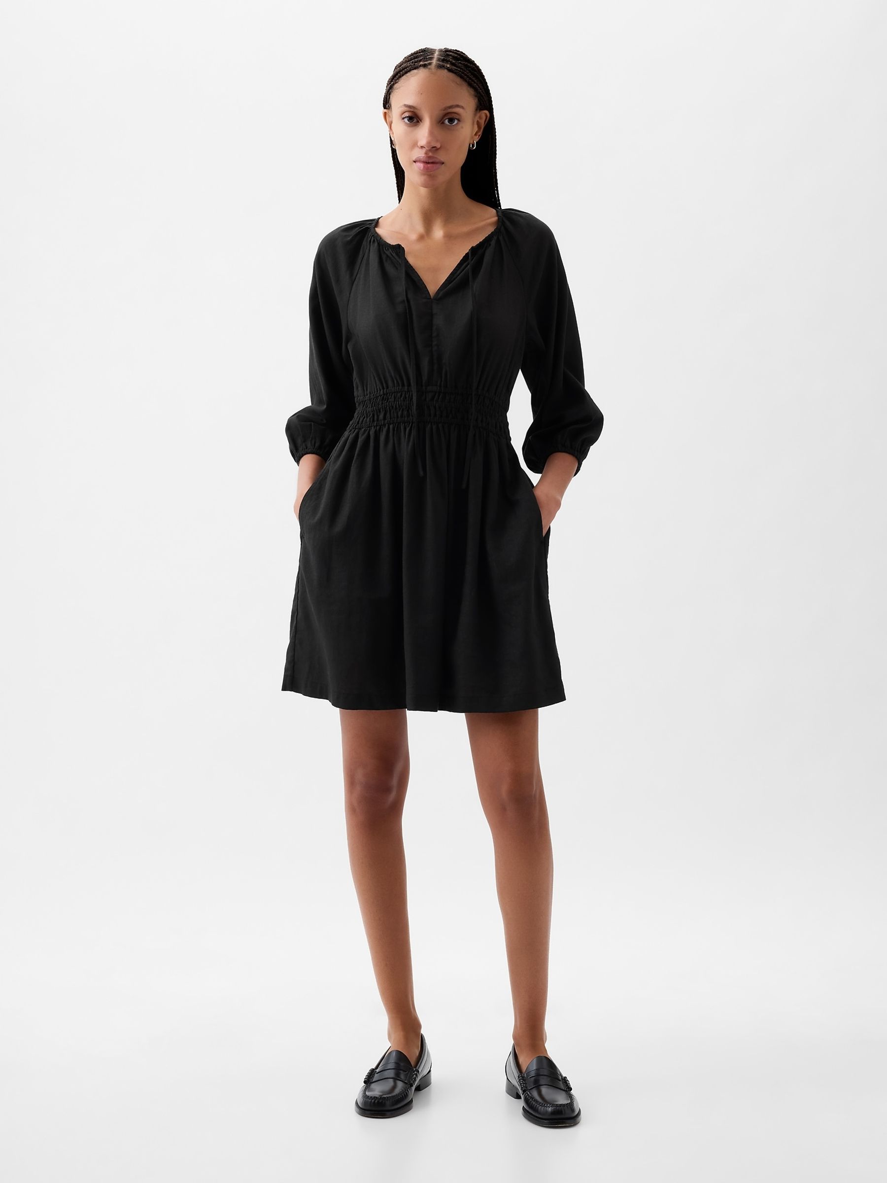 Black Linen Cotton Long Sleeve Shirred Waist Mini Dress - Image 1 of 4