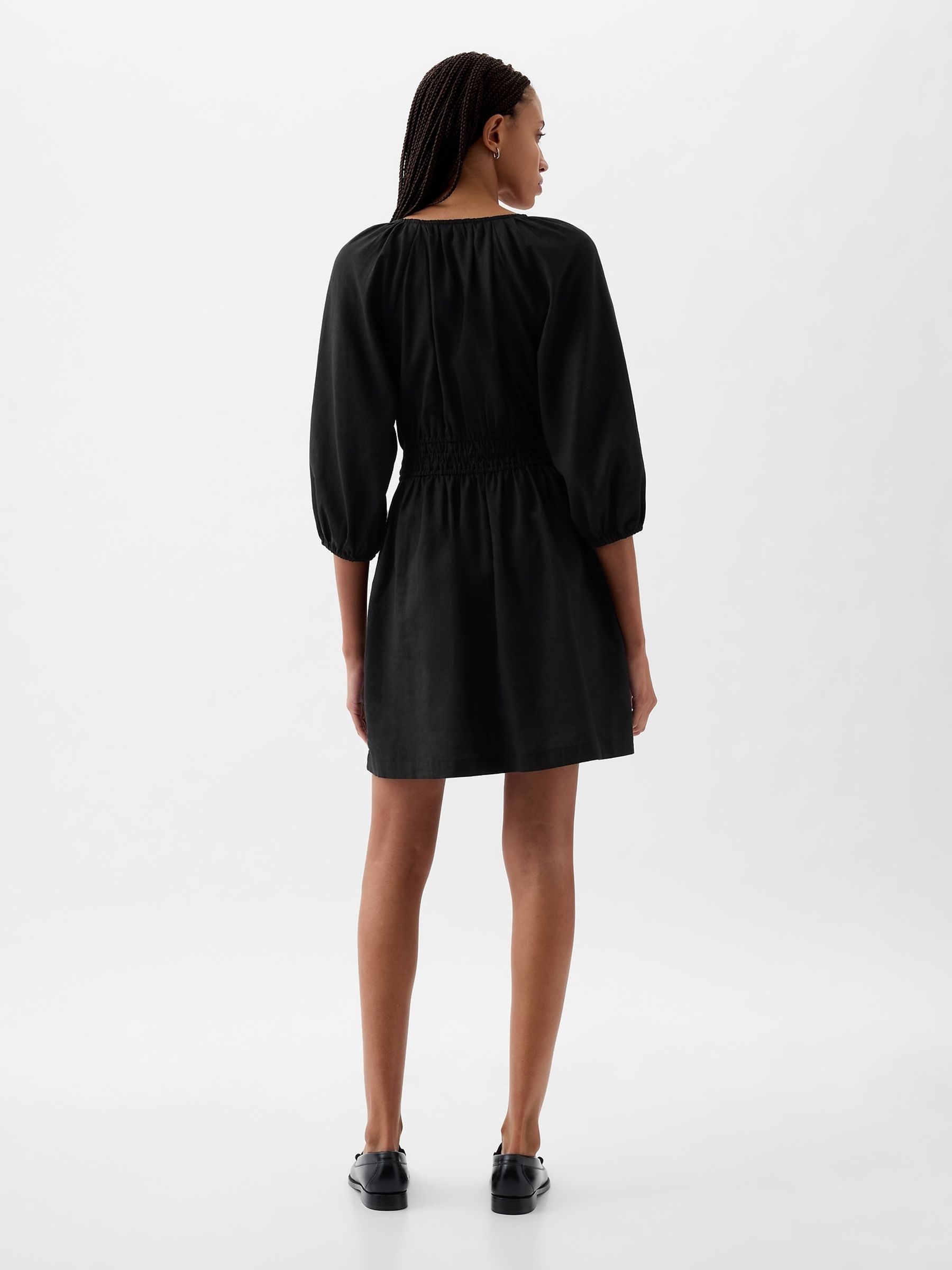 Black Linen Cotton Long Sleeve Shirred Waist Mini Dress - Image 2 of 4