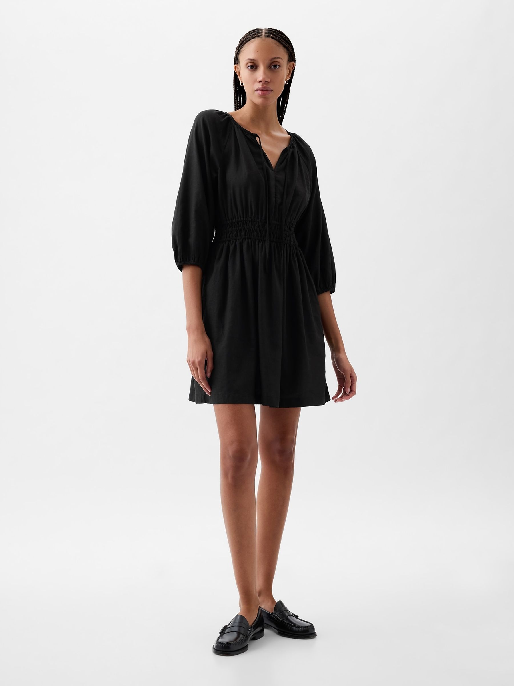 Black Linen Cotton Long Sleeve Shirred Waist Mini Dress - Image 3 of 4