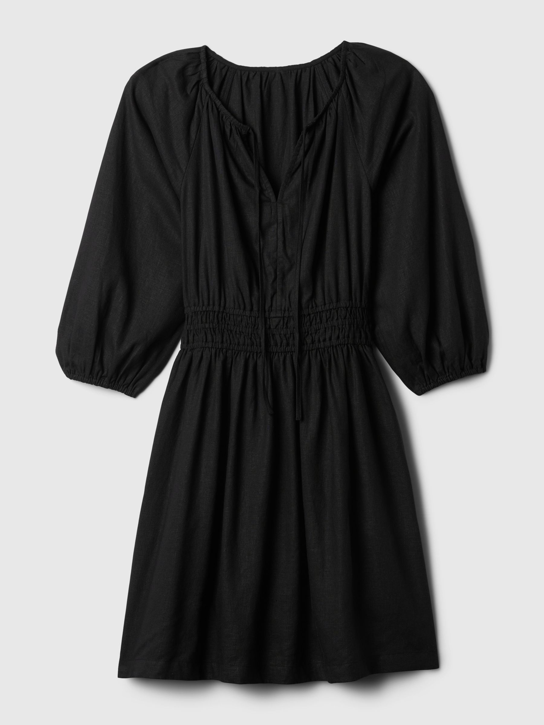 Black Linen Cotton Long Sleeve Shirred Waist Mini Dress - Image 4 of 4
