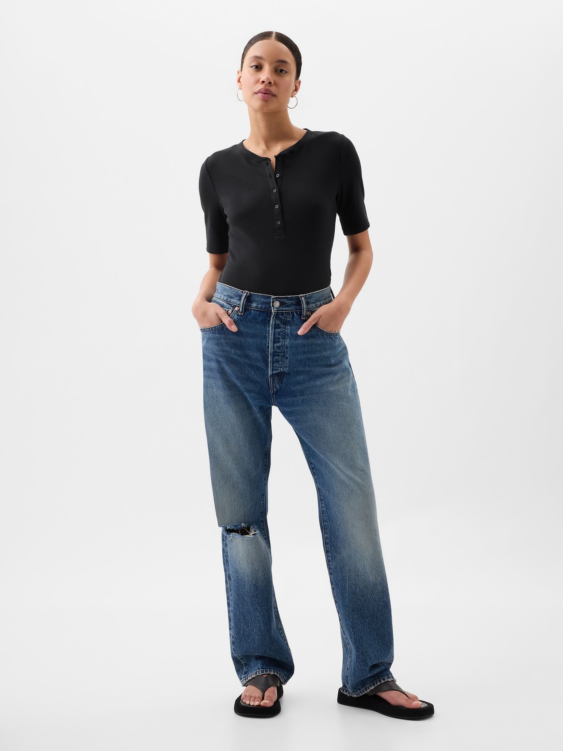 Black Ribbed Henley  Quarter Sleeve Crew Neck T-Shirt - Image 1 of 2