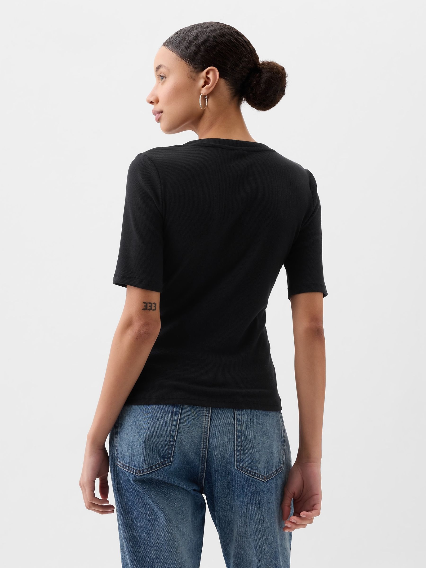 Black Ribbed Henley  Quarter Sleeve Crew Neck T-Shirt - Image 2 of 2