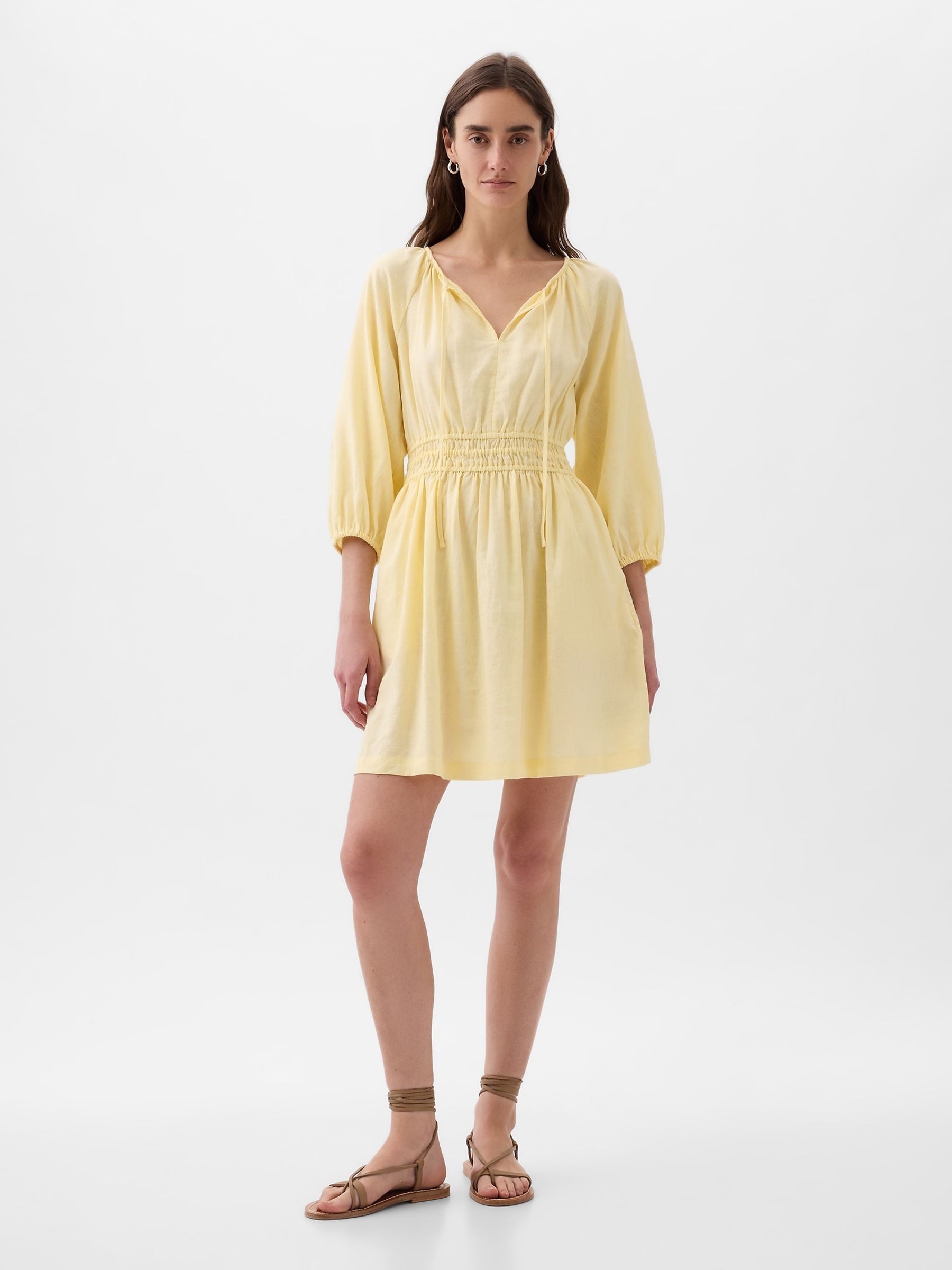 Yellow Linen Cotton Long Sleeve Shirred Waist Mini Dress - Image 1 of 4