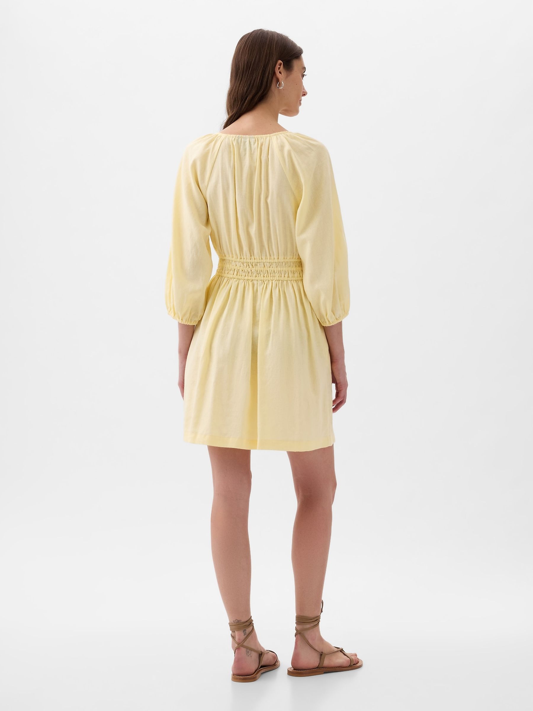 Yellow Linen Cotton Long Sleeve Shirred Waist Mini Dress - Image 2 of 4