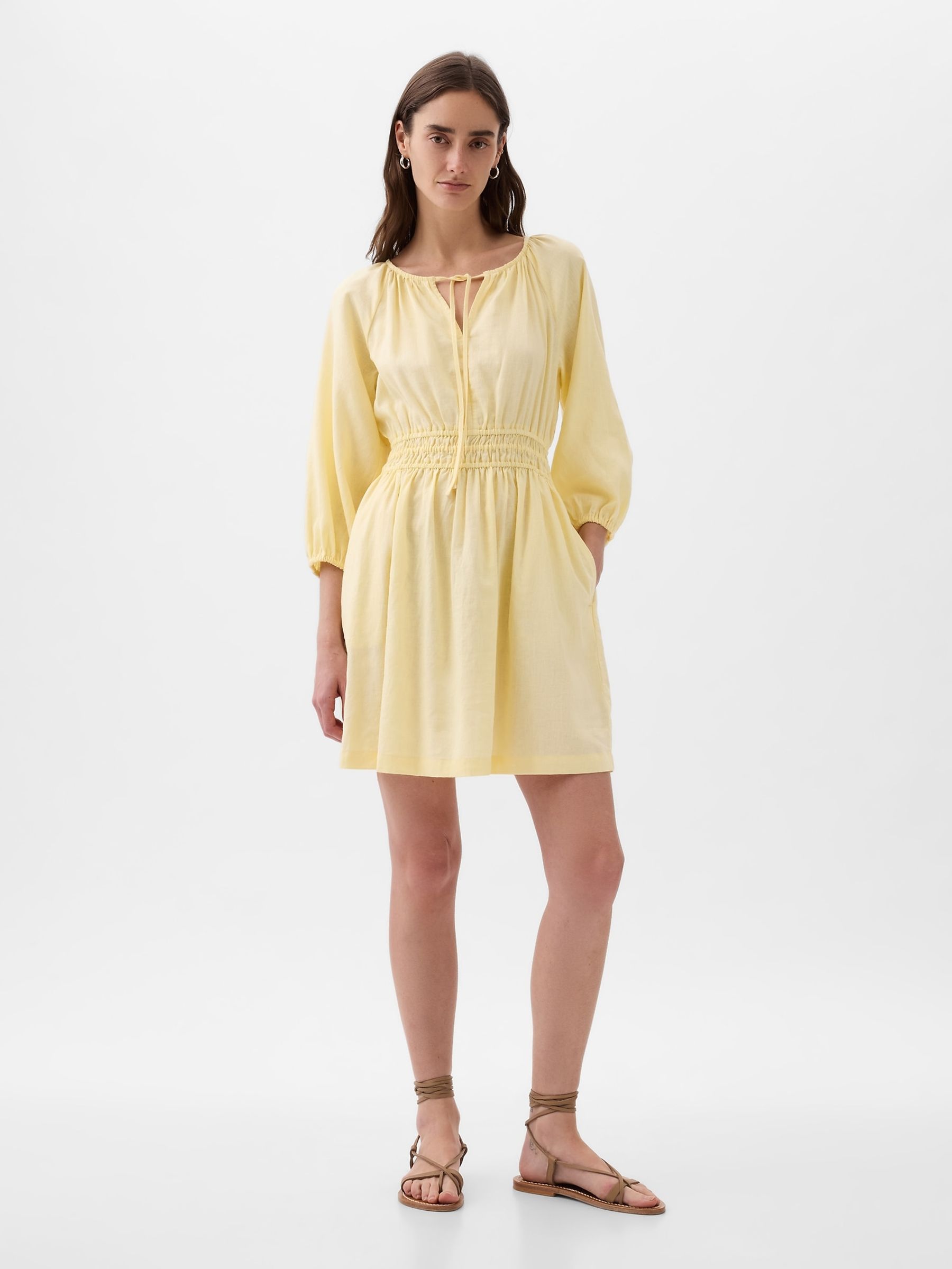 Yellow Linen Cotton Long Sleeve Shirred Waist Mini Dress - Image 3 of 4