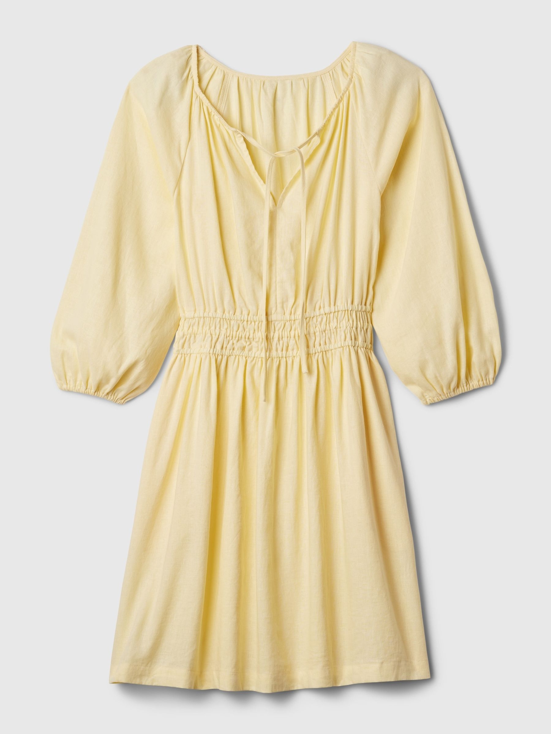 Yellow Linen Cotton Long Sleeve Shirred Waist Mini Dress - Image 4 of 4