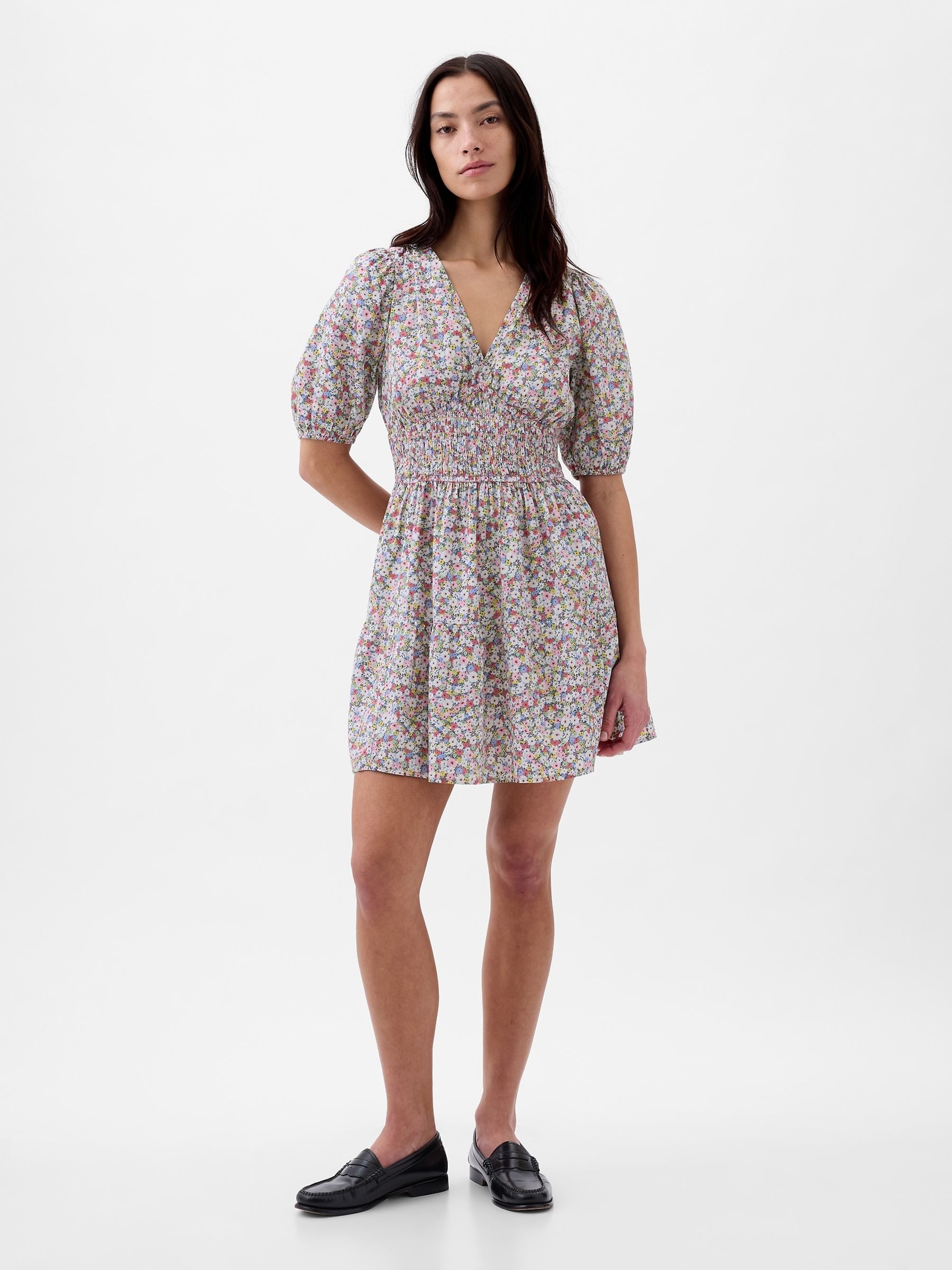 Red Floral Cotton Smock Puff Sleeve Mini Dress - Image 1 of 1