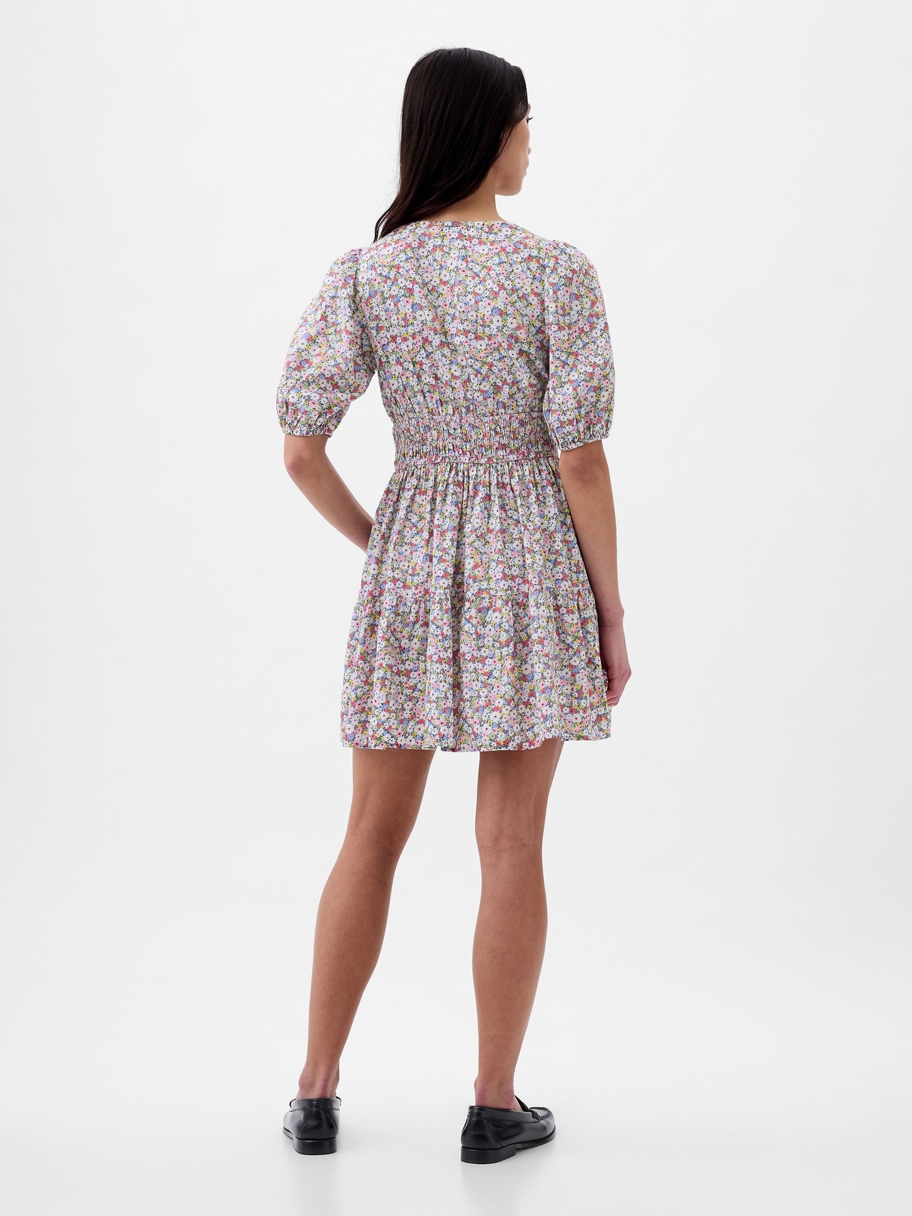 Red Floral Cotton Smock Puff Sleeve Mini Dress - Image 2 of 5
