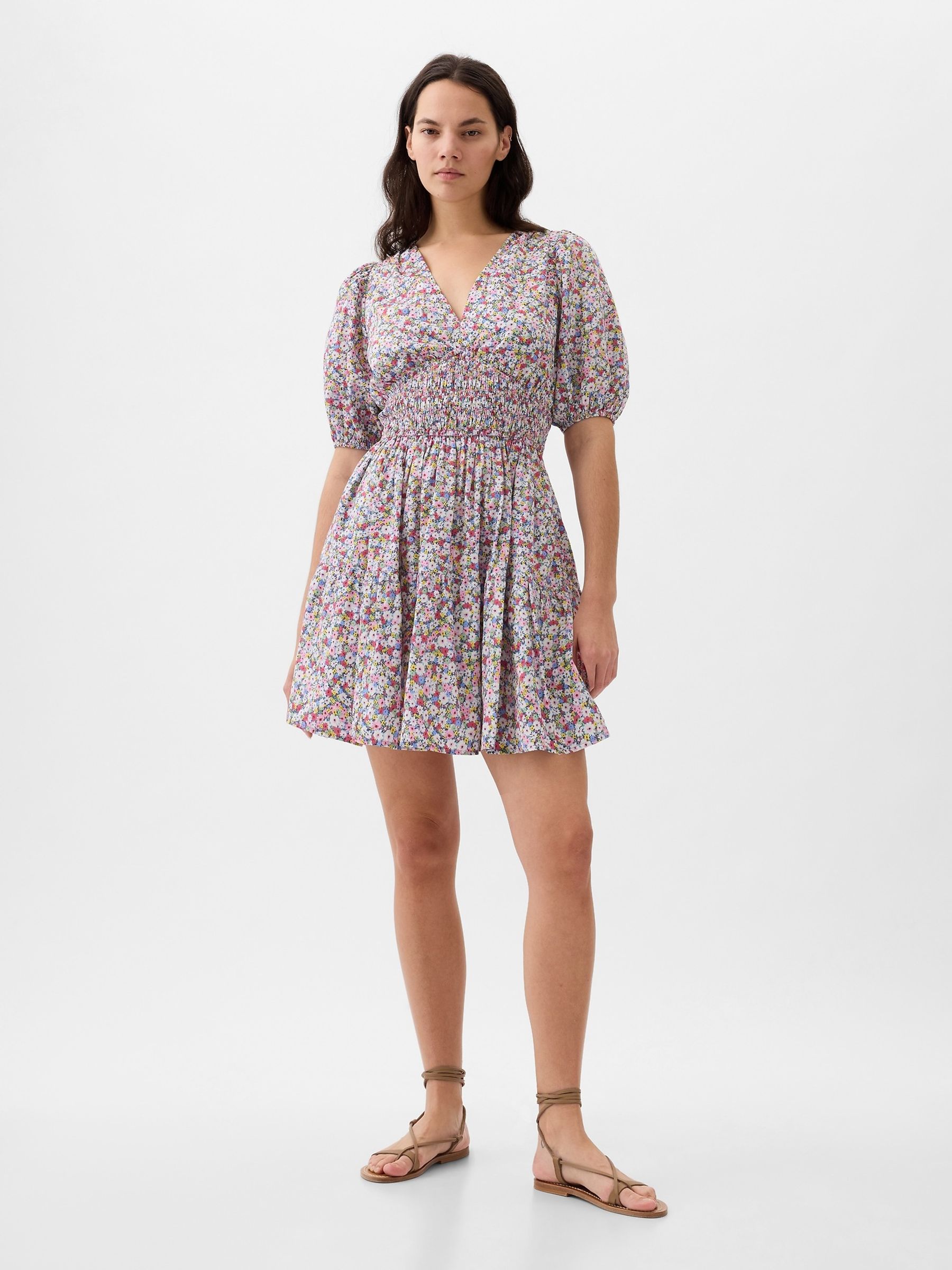 Red Floral Cotton Smock Puff Sleeve Mini Dress - Image 3 of 5