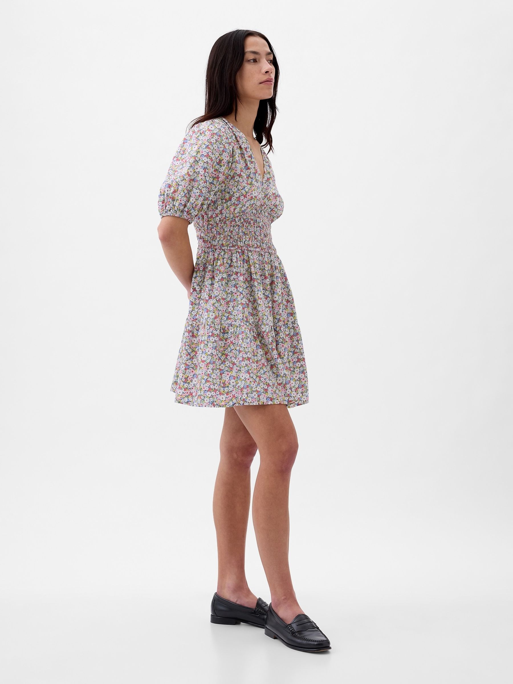 Red Floral Cotton Smock Puff Sleeve Mini Dress - Image 4 of 5