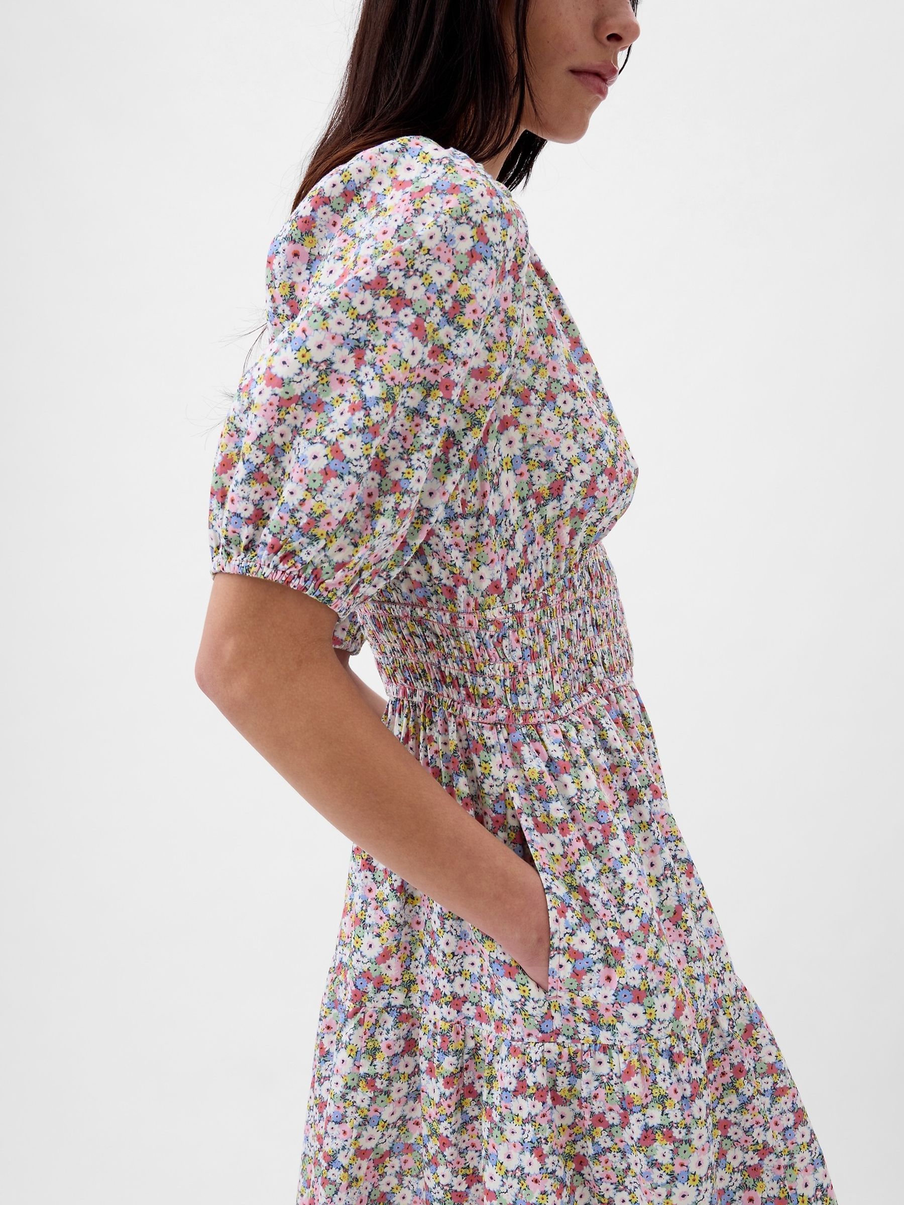 Red Floral Cotton Smock Puff Sleeve Mini Dress - Image 5 of 5