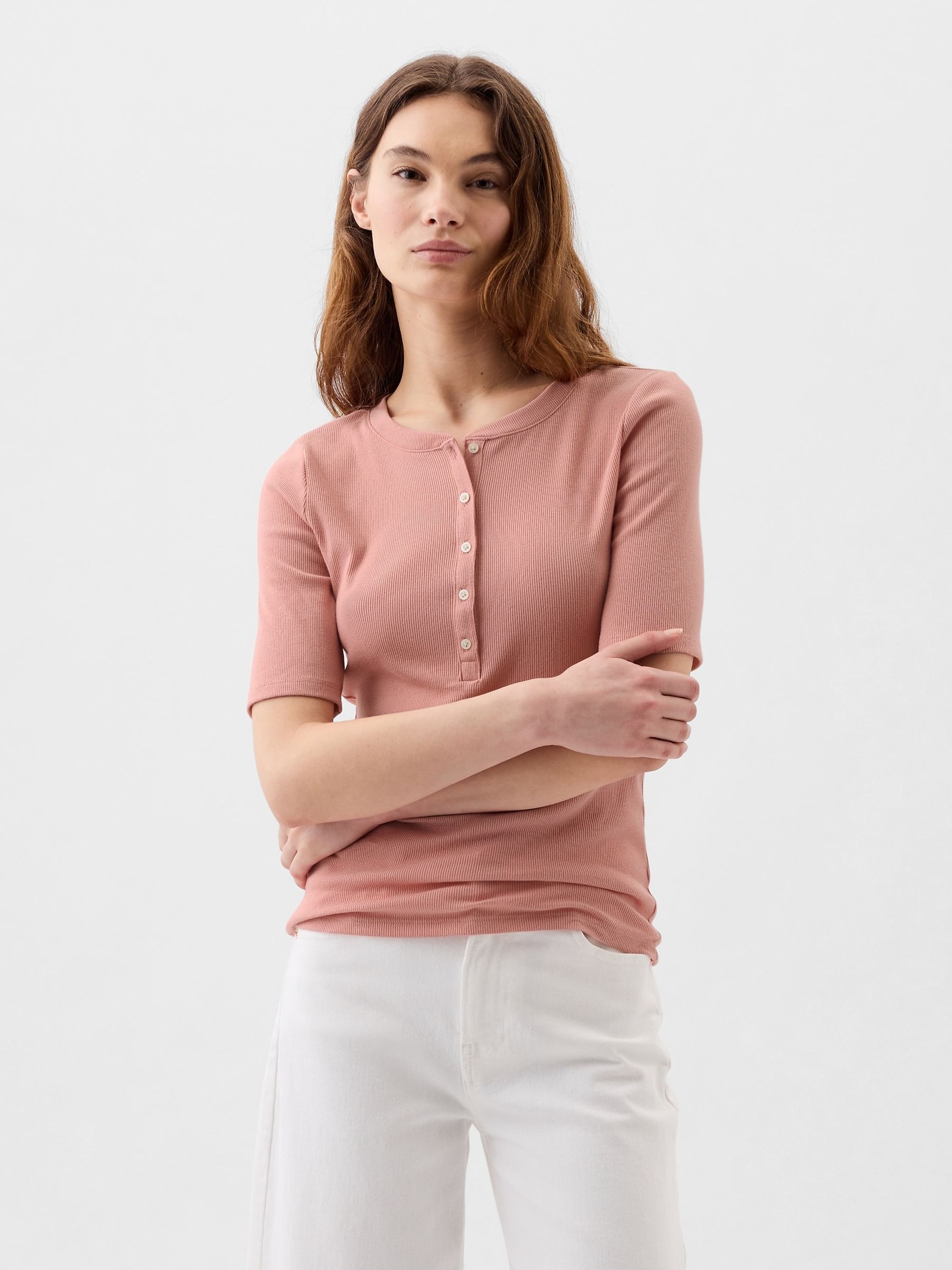 Pink Ribbed Henley  Quarter Sleeve Crew Neck T-Shirt - Image 1 of 4
