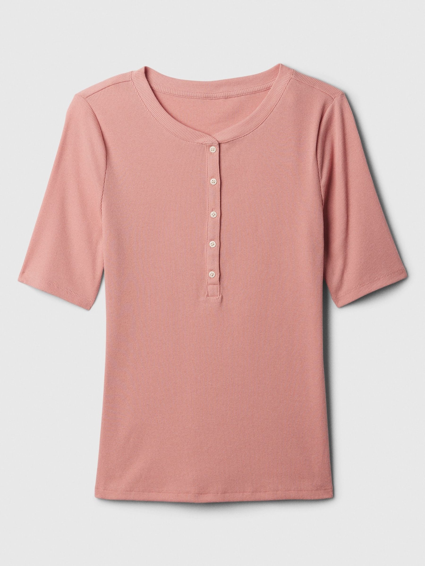 Pink Ribbed Henley  Quarter Sleeve Crew Neck T-Shirt - Image 3 of 4