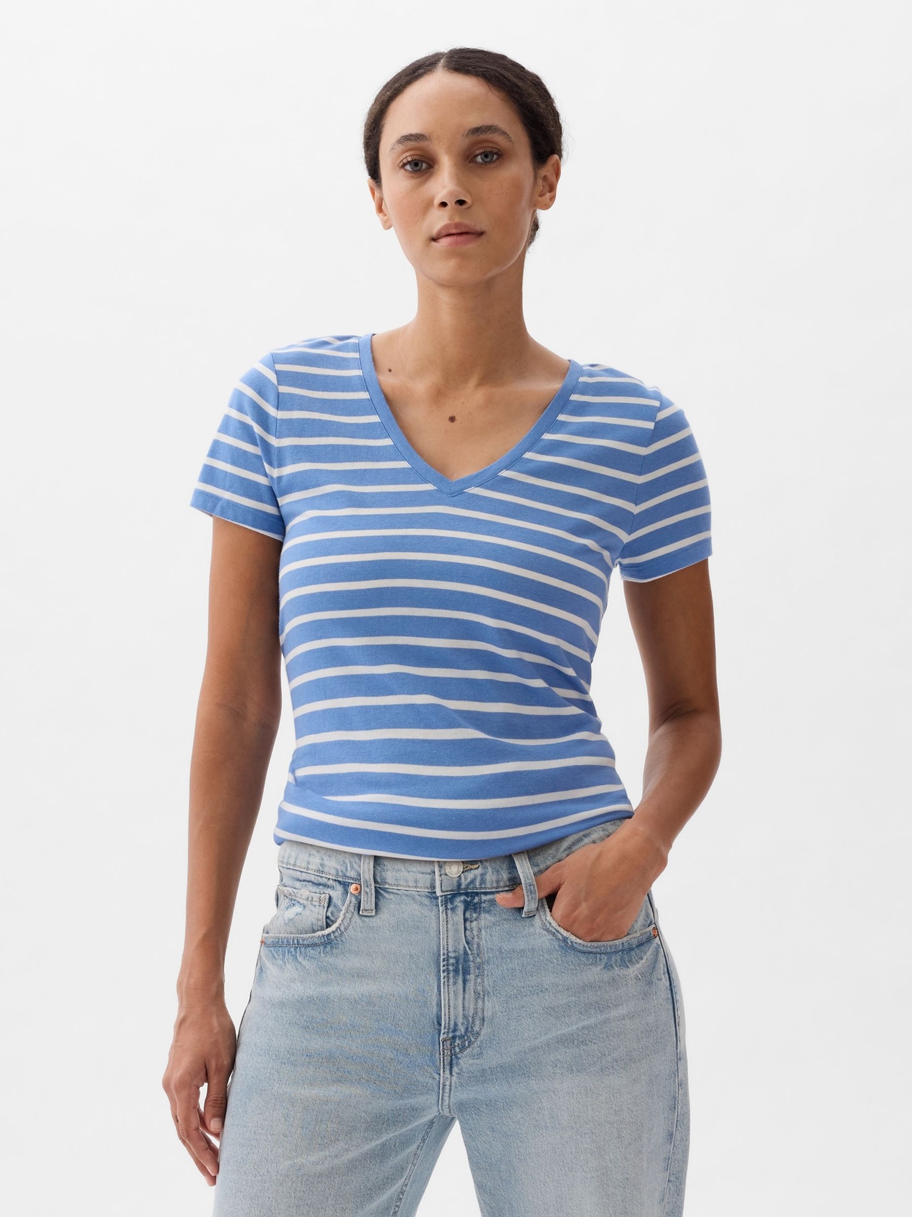 Blue Stripe Favourite Short Sleeve V Neck Print T-Shirt - Image 1 of 2