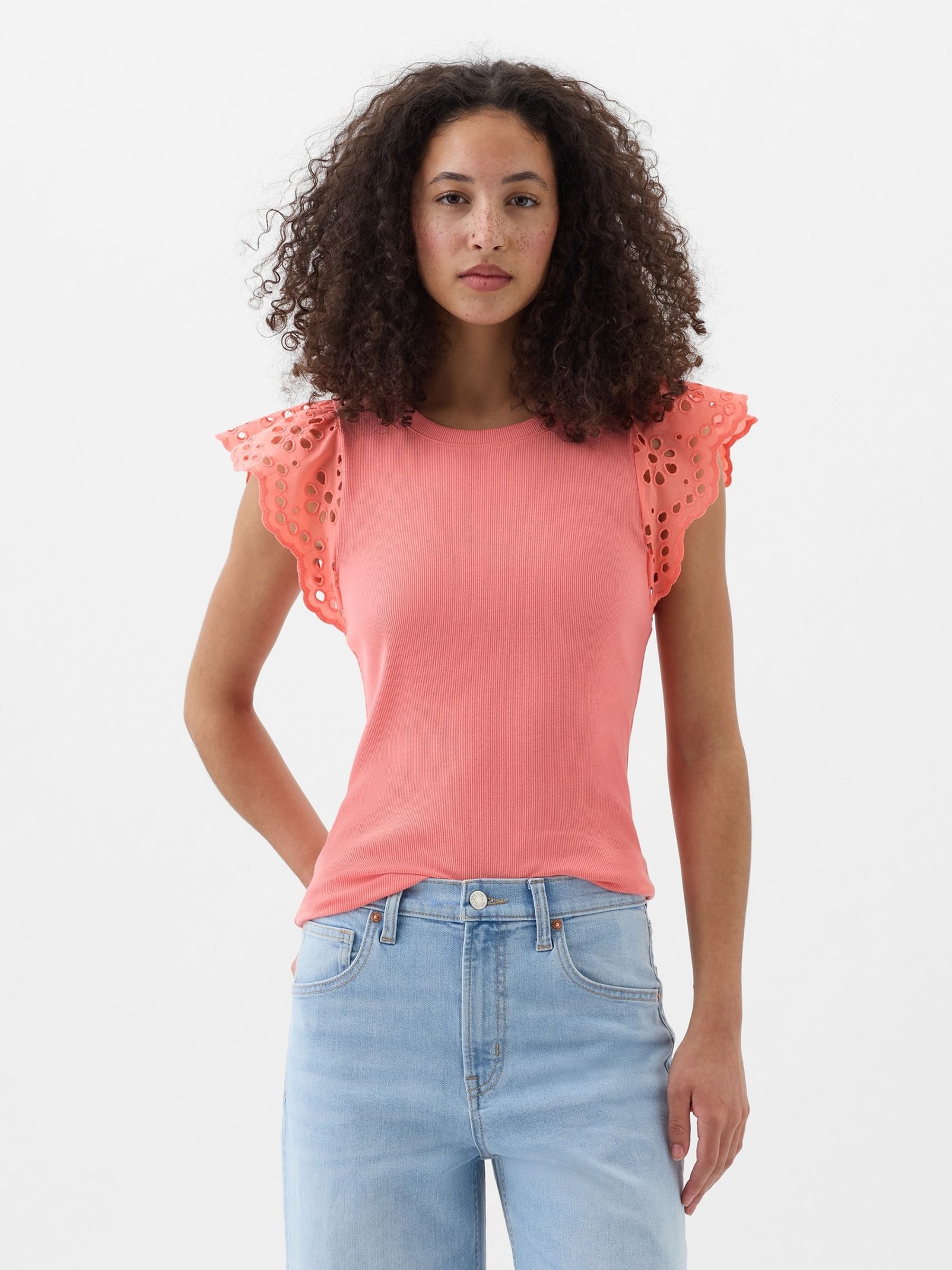 Pink Soft Knit Eyelet Flutter Sleeve Top - Image 1 of 1