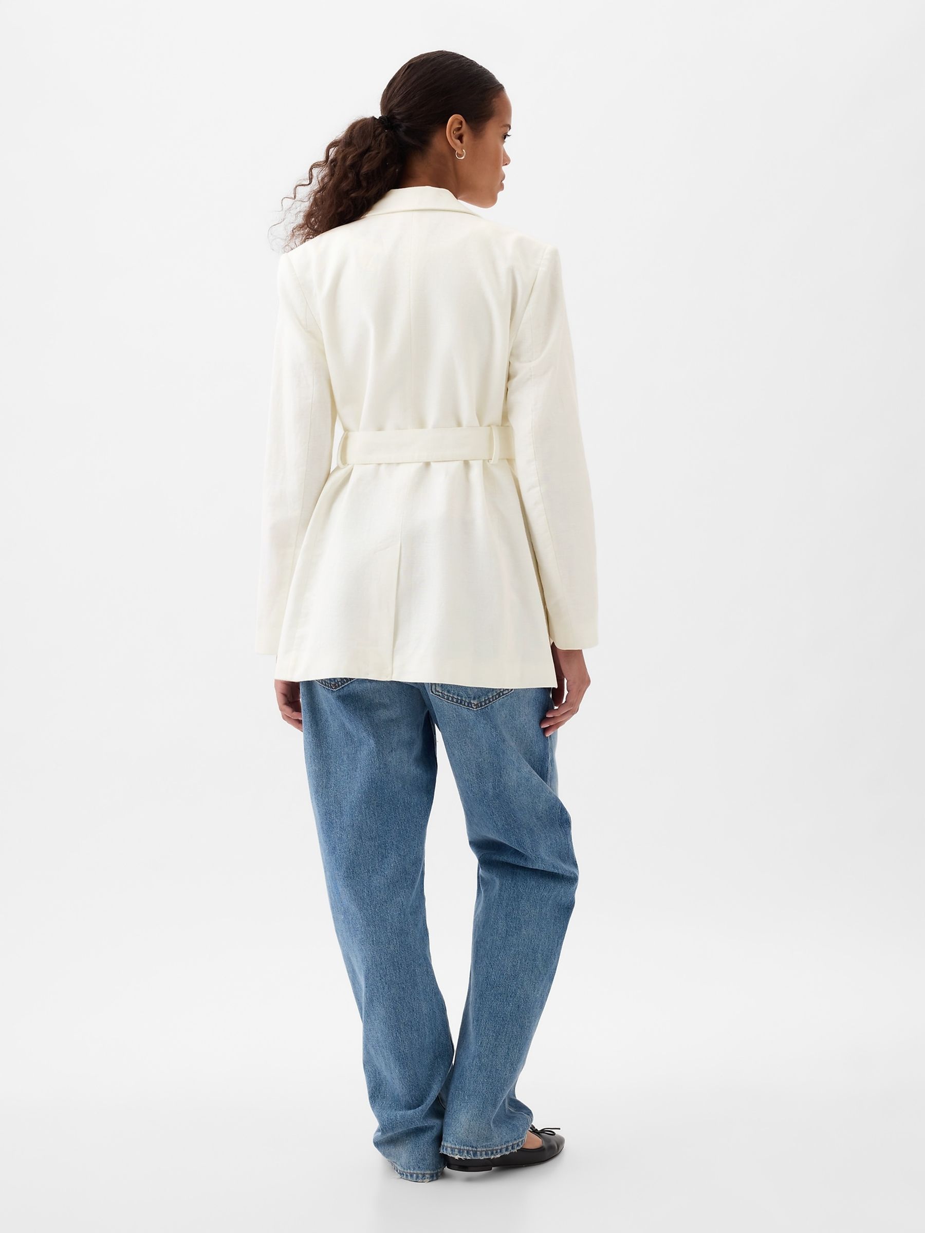 White Linen Cotton Belted Blazer - Image 2 of 4