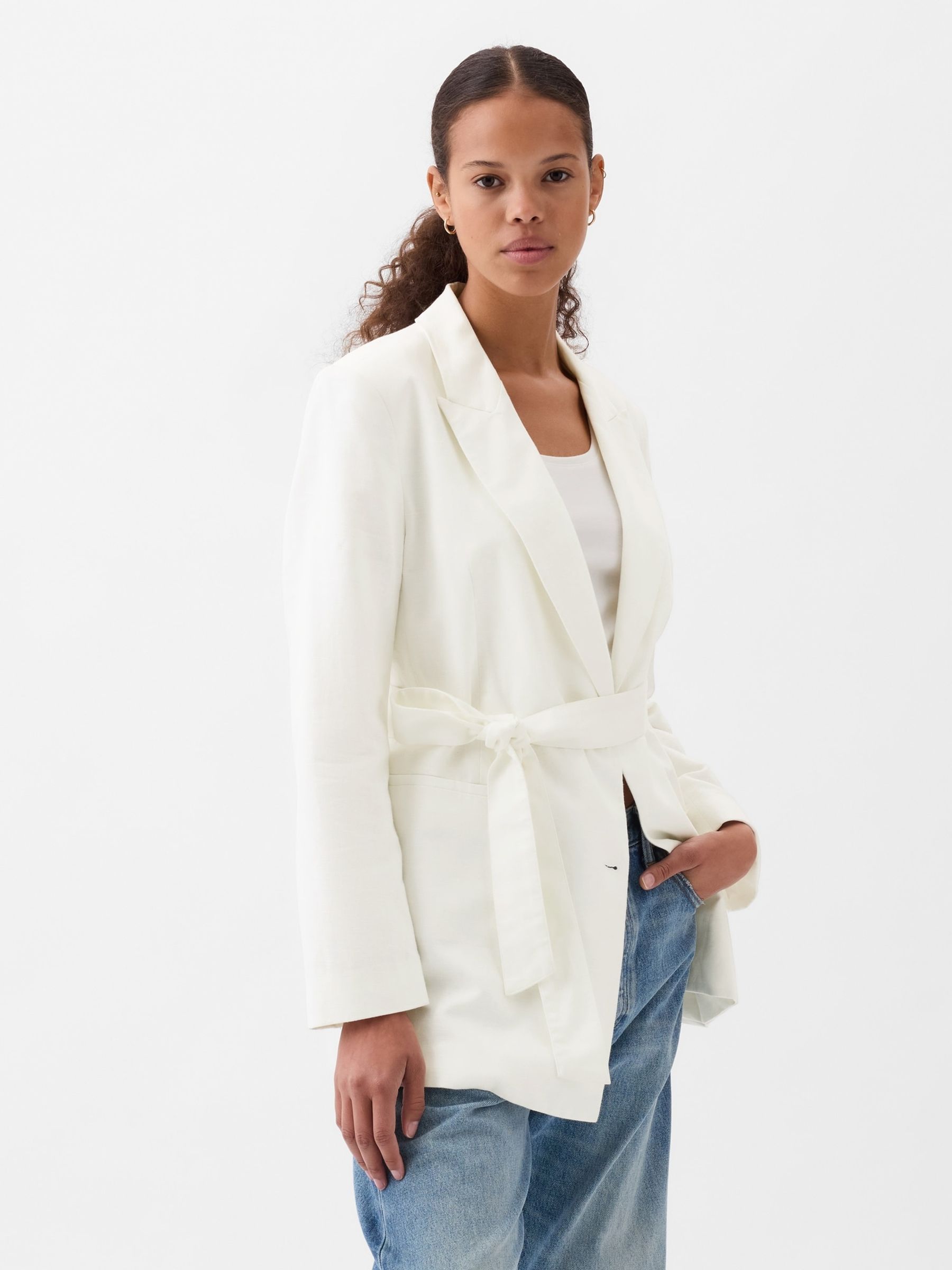 White Linen Cotton Belted Blazer - Image 3 of 4