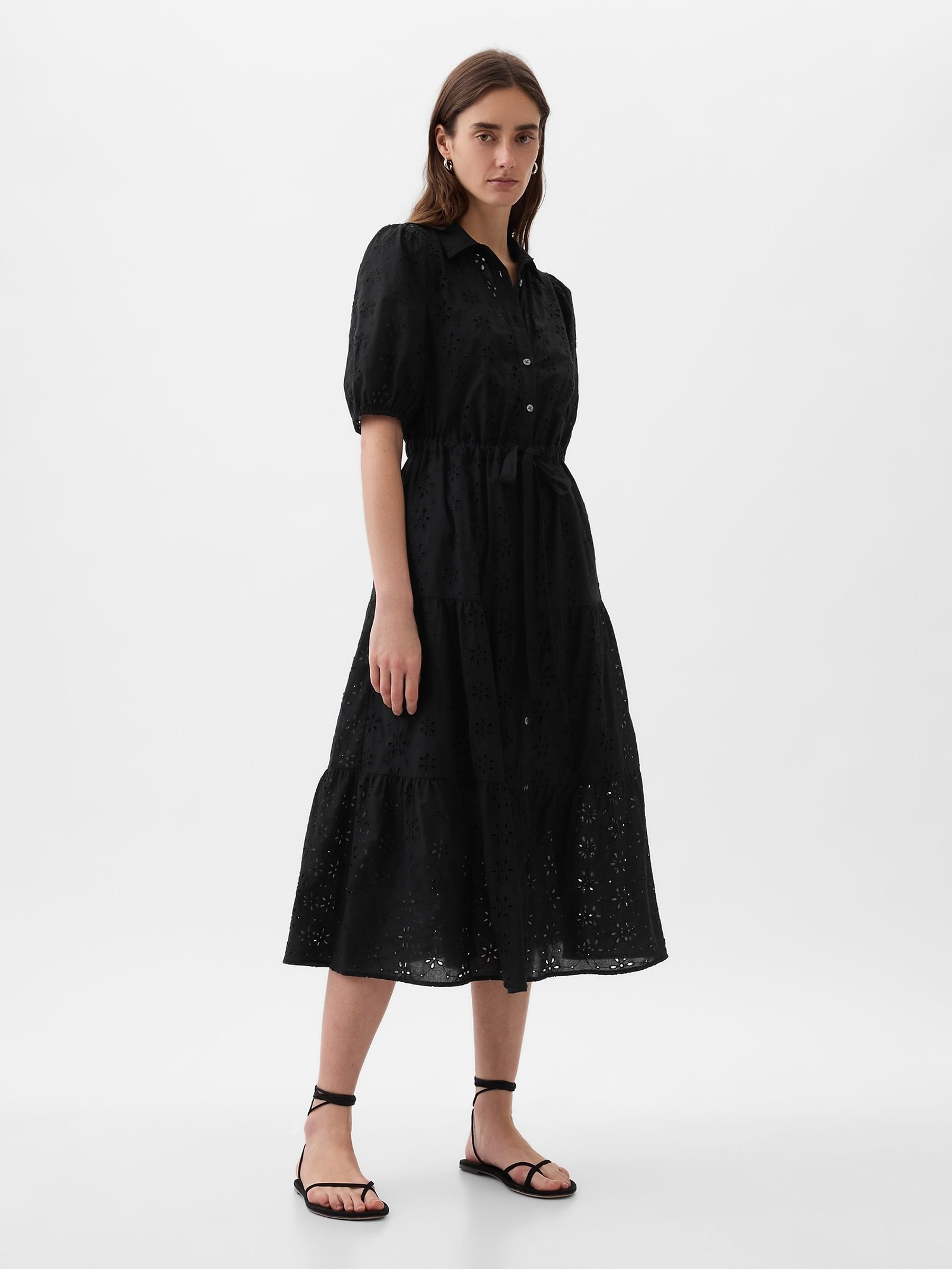 Black Eyelet Tie Waist Tiered Midi Dress - Image 2 of 5