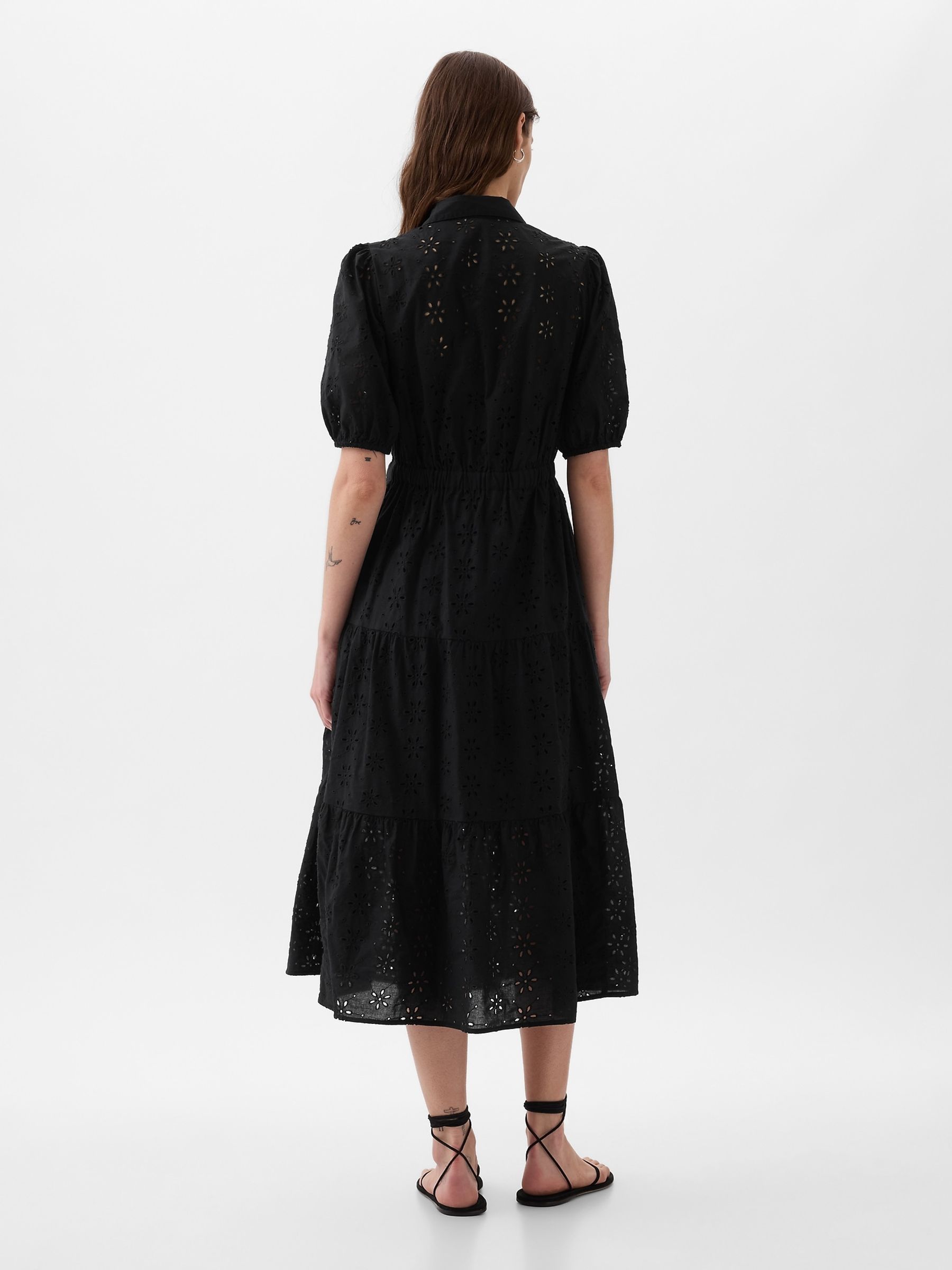 Black Eyelet Tie Waist Tiered Midi Dress - Image 3 of 5